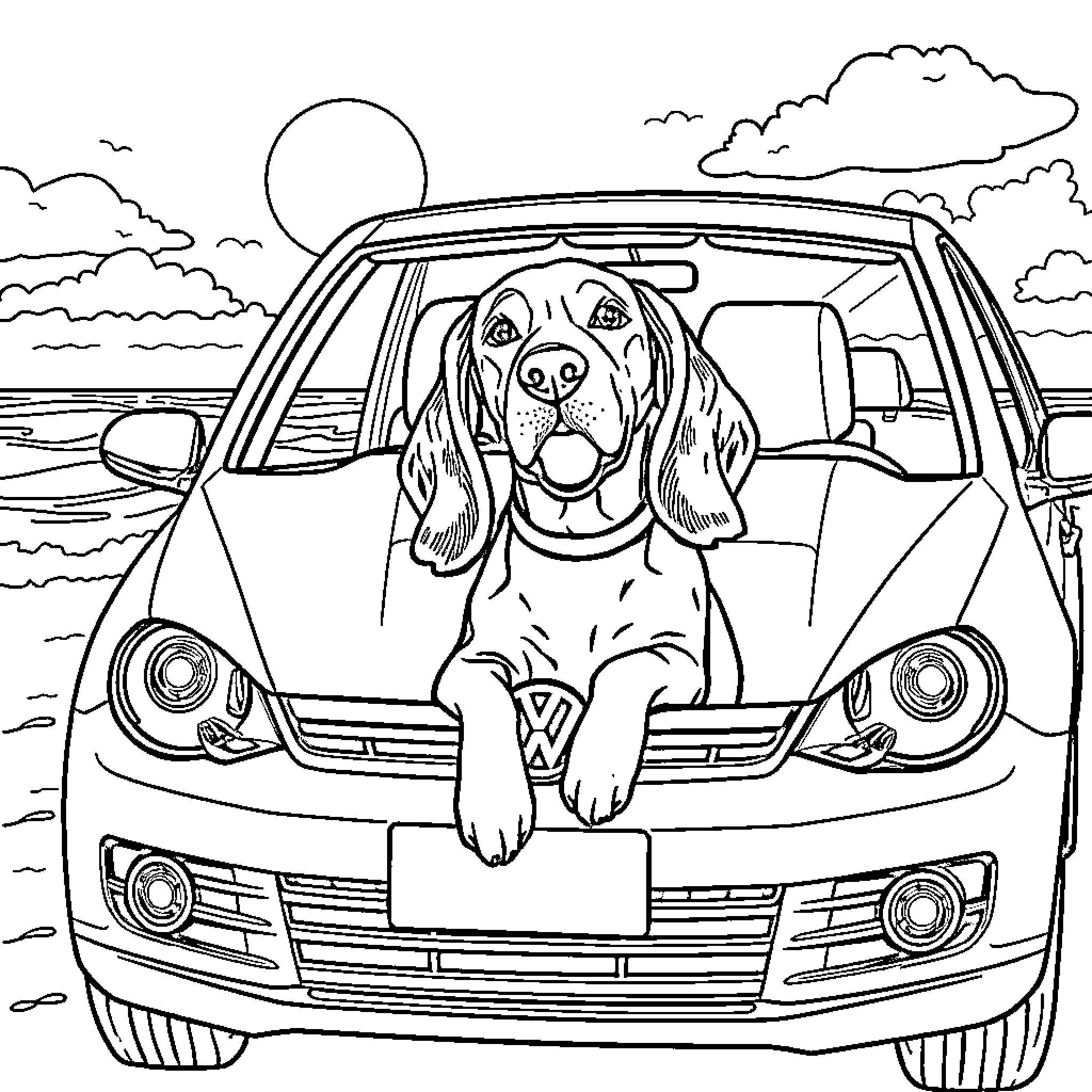 Hound Dog Riding in the Car on a Scenic Route Coloring Page (free black-and-white line drawing printable PDF for all, from beginners to advanced learners, including children, teens, adults, and seniors)