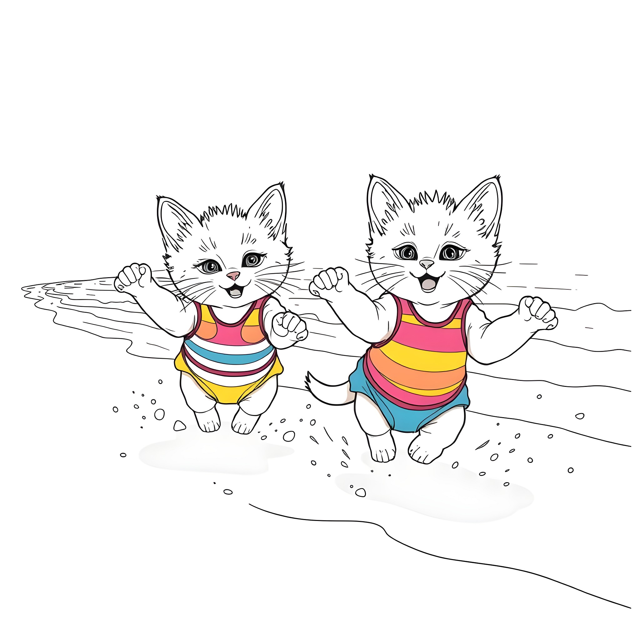 Kitty cats frolicking in colorful swimsuits Coloring Page (free black-and-white line drawing printable PDF for all, from beginners to advanced learners, including children, teens, adults, and seniors)