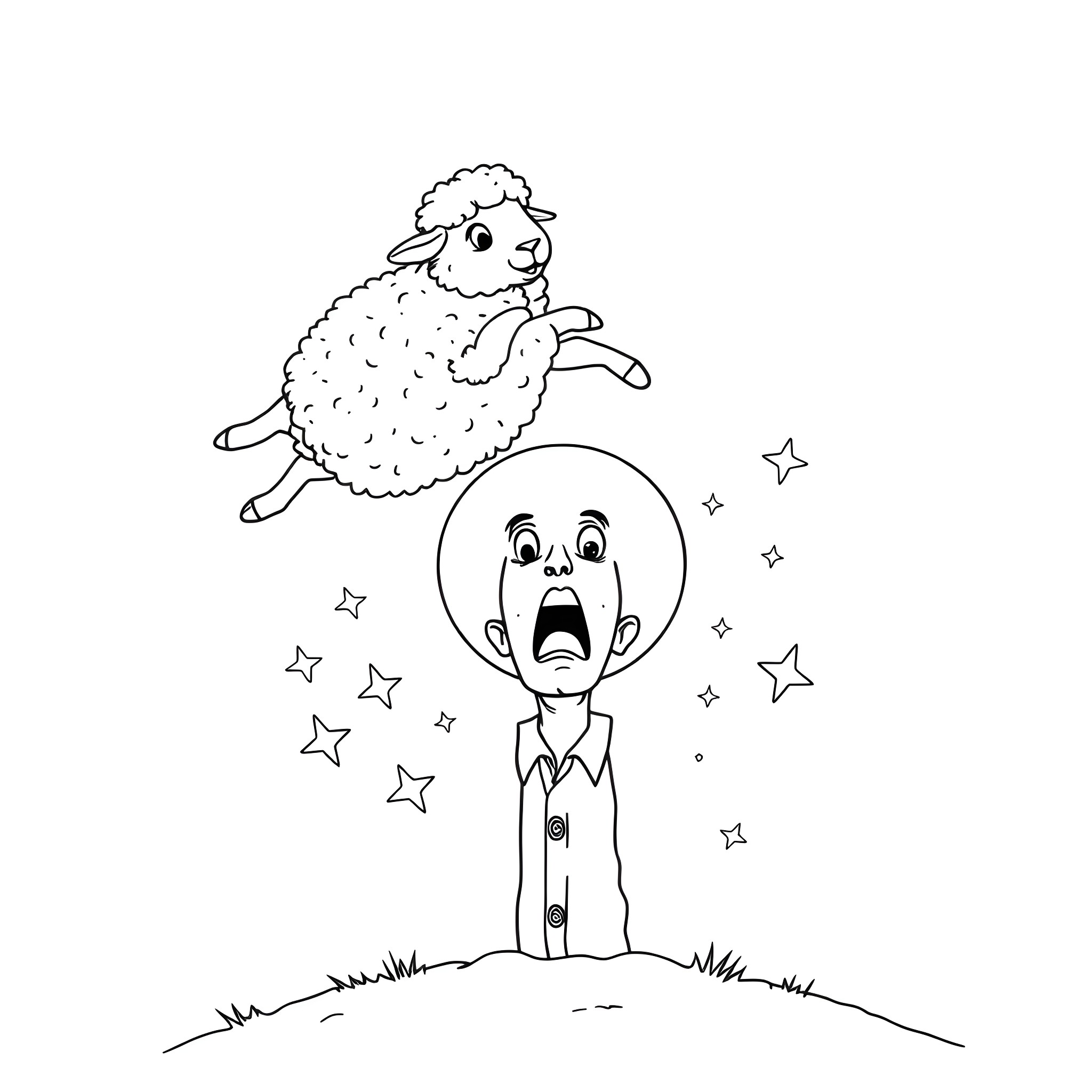 Sheep leaping happily over a startled man Coloring Page (free black-and-white line drawing printable PDF for all, from beginners to advanced learners, including children, teens, adults, and seniors)