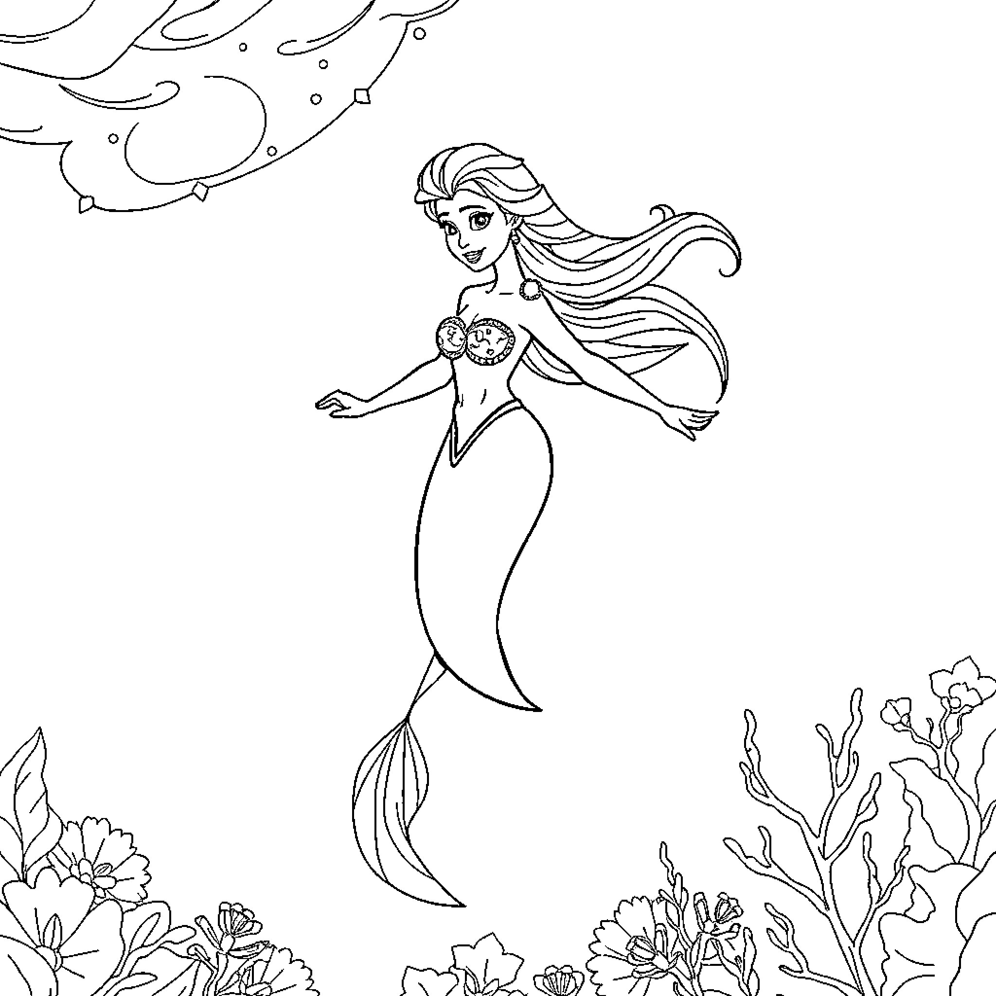 Elsa the Mermaid Exploring the Underwater World Coloring Page (free black-and-white line drawing printable PDF for all, from beginners to advanced learners, including children, teens, adults, and seniors)