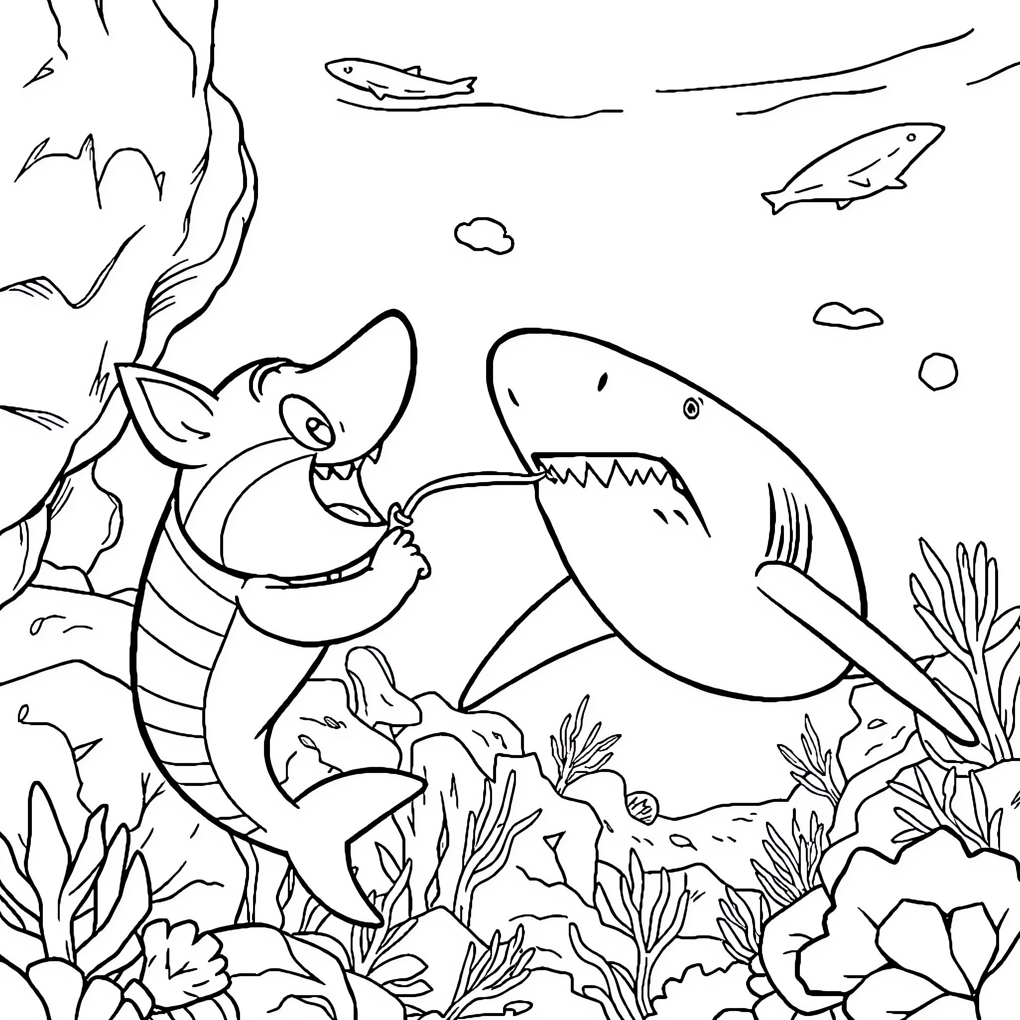 Jinx's Underwater Adventure with Sharks Coloring Page (free black-and-white line drawing printable PDF for all, from beginners to advanced learners, including children, teens, adults, and seniors)