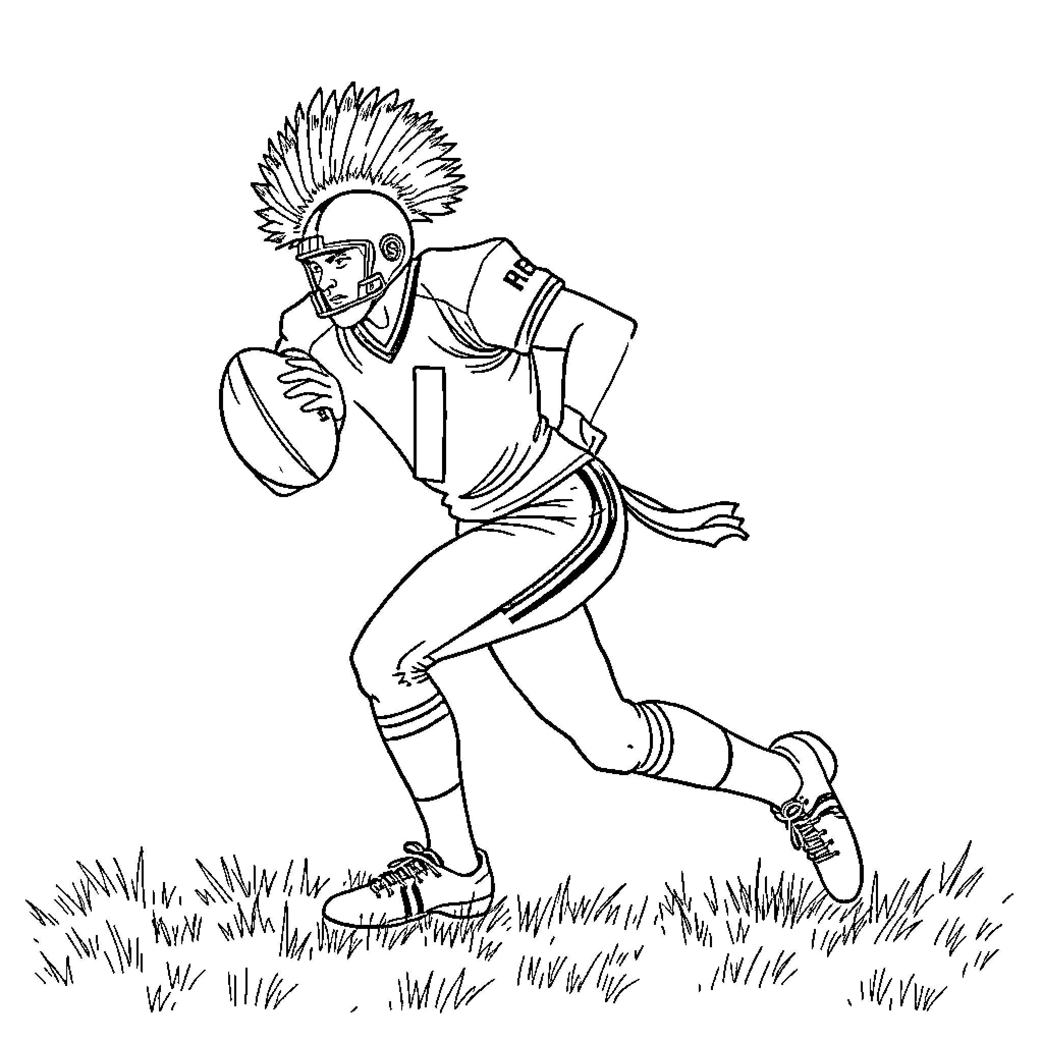 Raider Running with Rugby Ball Coloring Page (free black-and-white line drawing printable PDF for all, from beginners to advanced learners, including children, teens, adults, and seniors)
