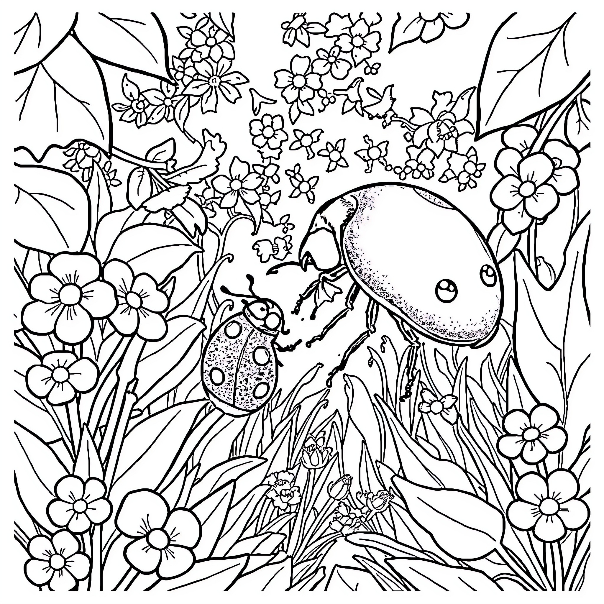 Coccinelle exploring floral wonderland Coloring Page (free black-and-white line drawing printable PDF for all, from beginners to advanced learners, including children, teens, adults, and seniors)