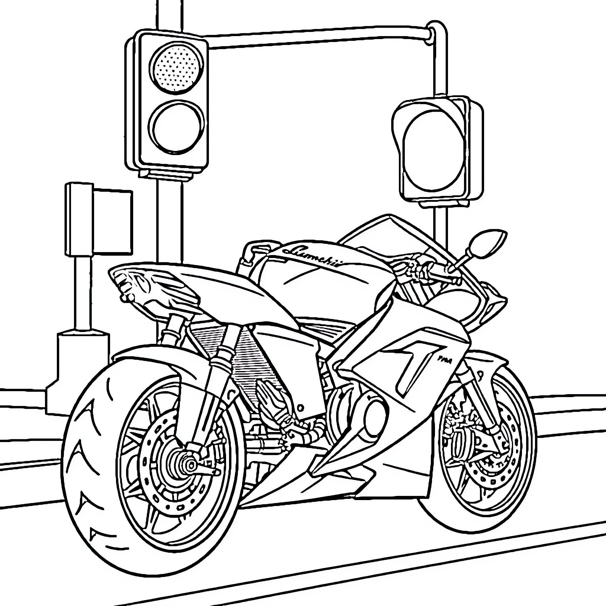 Motorcycle racing at traffic light Coloring Page (free black-and-white line drawing printable PDF for all, from beginners to advanced learners, including children, teens, adults, and seniors)