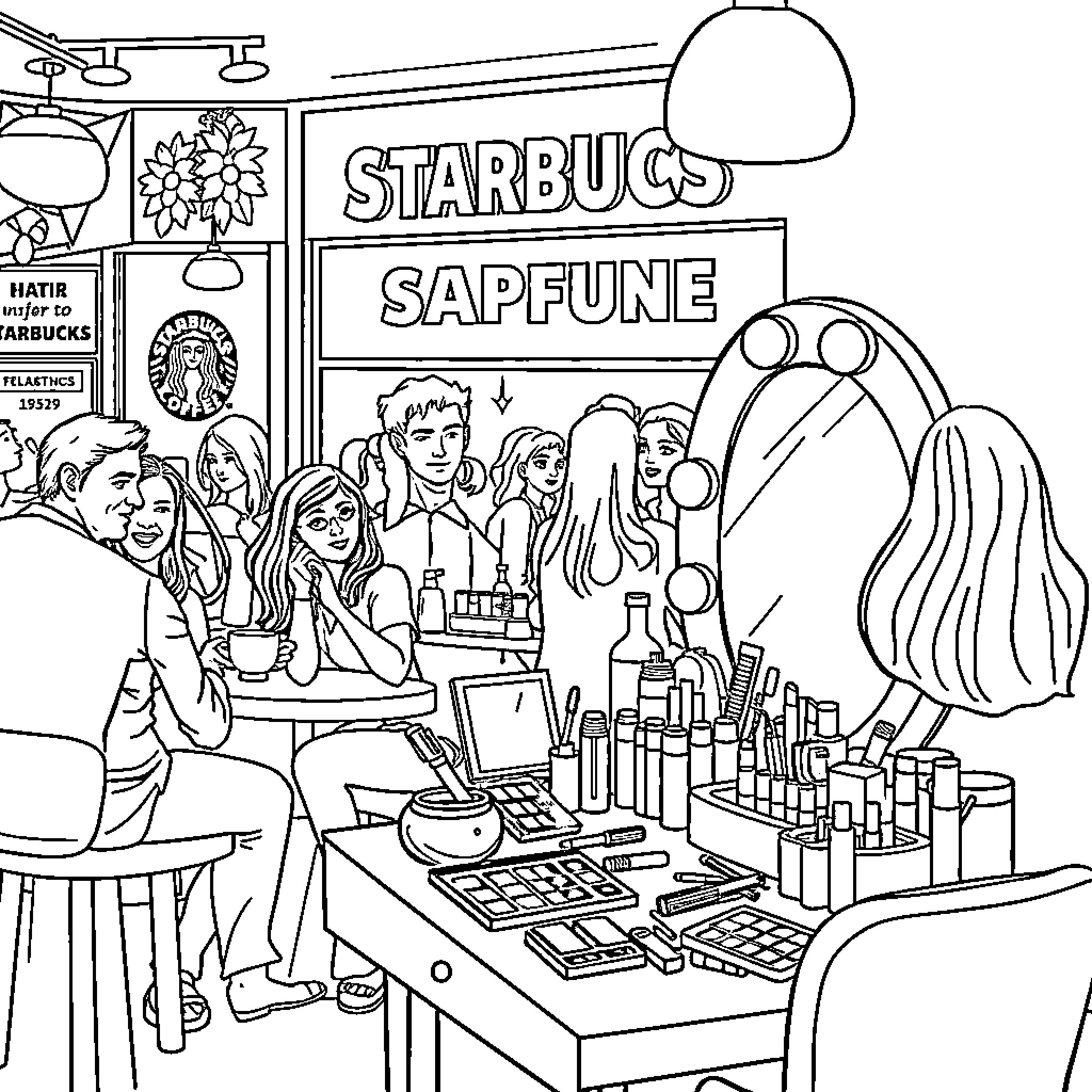 Vanity in a Cosmetic Haven Coloring Page (free black-and-white line drawing printable PDF for all, from beginners to advanced learners, including children, teens, adults, and seniors)