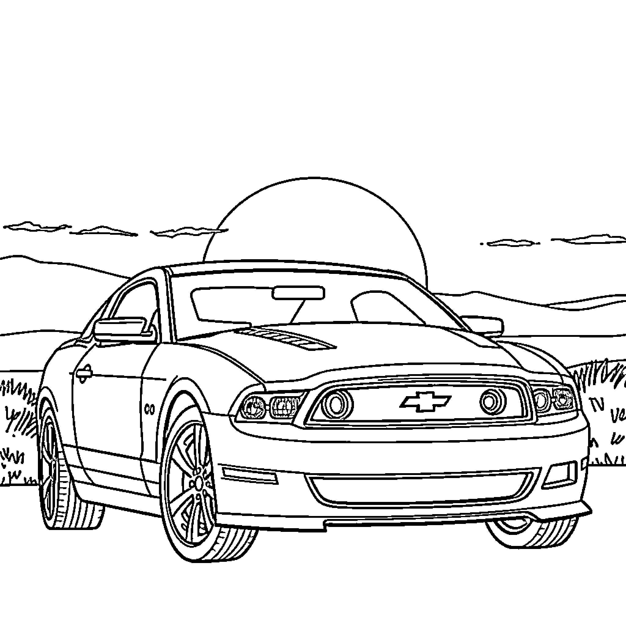 Ford Mustang in the countryside landscape Coloring Page (free black-and-white line drawing printable PDF for all, from beginners to advanced learners, including children, teens, adults, and seniors)
