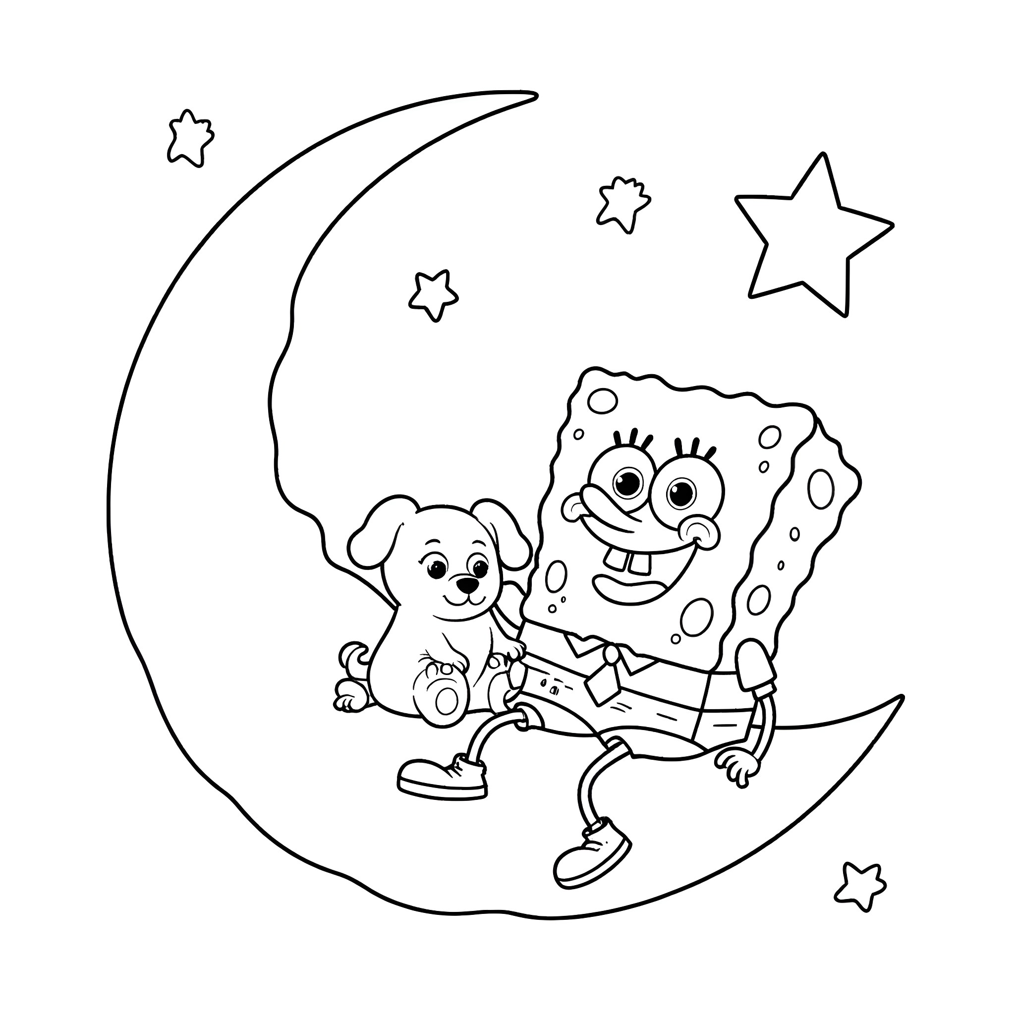 Spongebob and dog sitting on a crescent moon Coloring Page (free black-and-white line drawing printable PDF for all, from beginners to advanced learners, including children, teens, adults, and seniors)