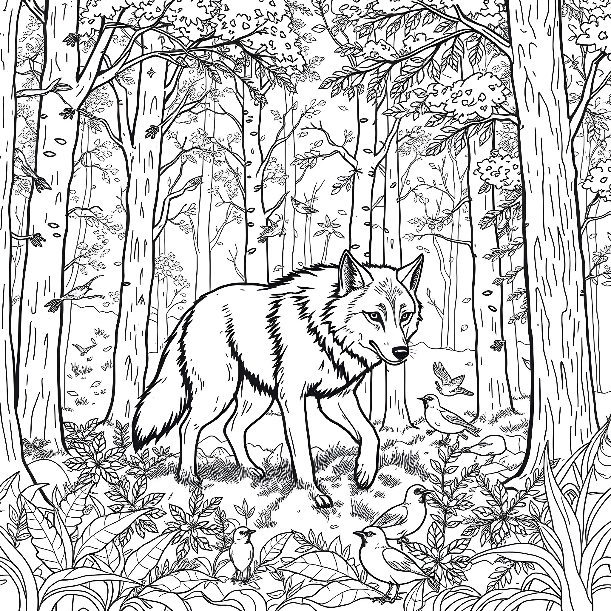 Wolf Exploring the Enchanted Forest Coloring Page (free black-and-white line drawing printable PDF for all, from beginners to advanced learners, including children, teens, adults, and seniors)