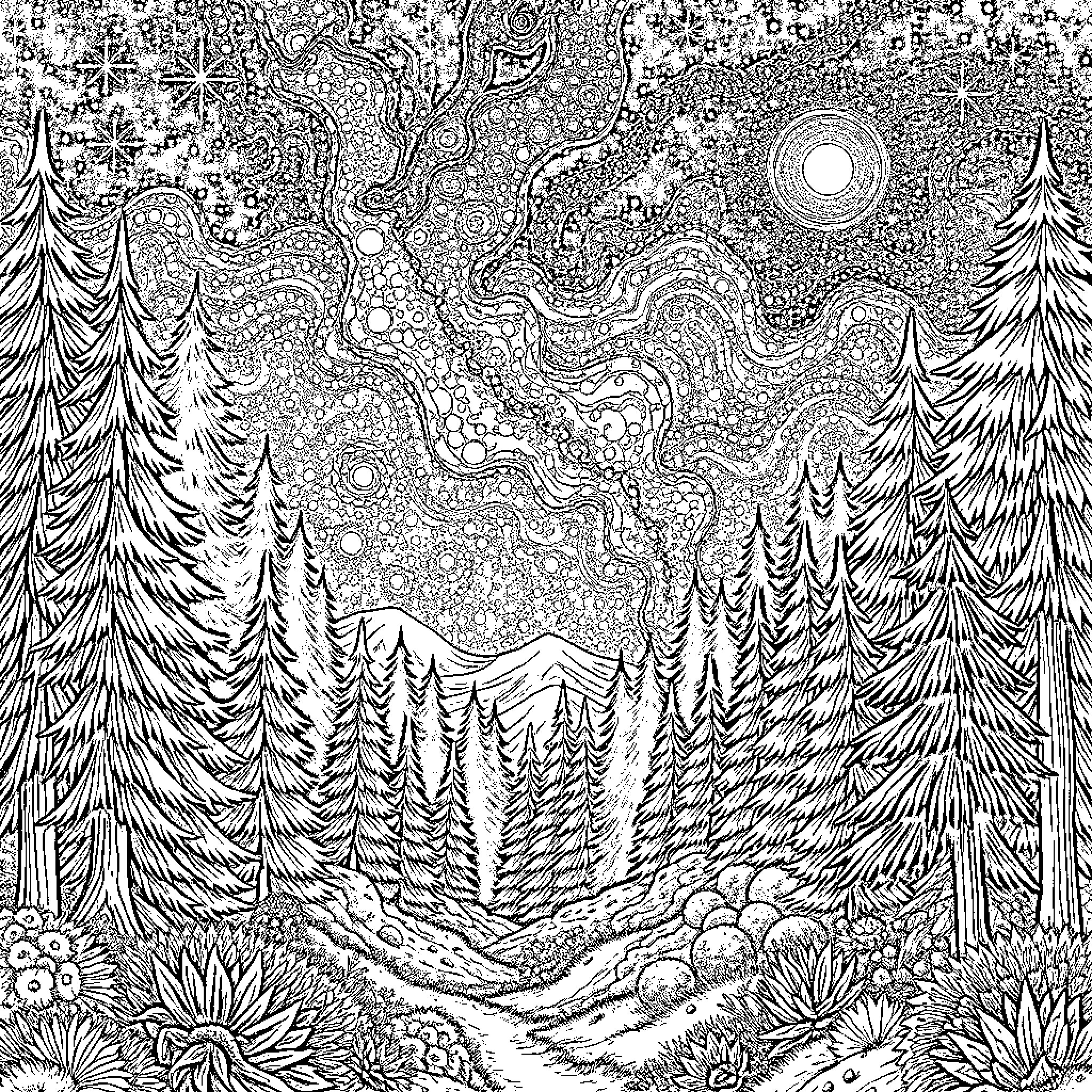 Night Forest Mystical Landscape Coloring Page (free black-and-white line drawing printable PDF for all, from beginners to advanced learners, including children, teens, adults, and seniors)