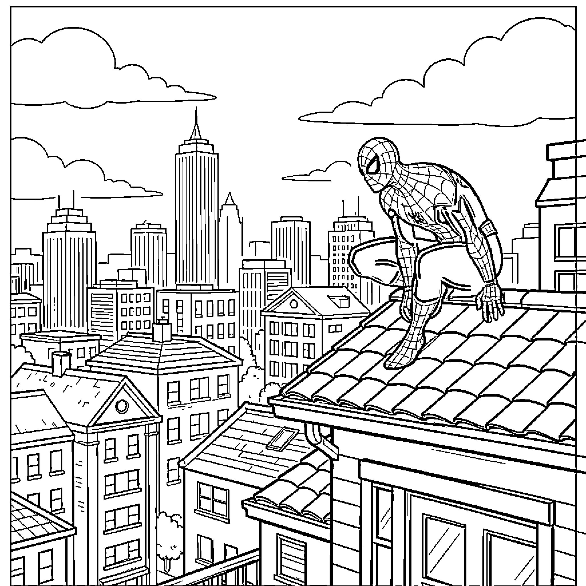 Spiderman crouching on a rooftop overlooking a city Coloring Page (free black-and-white line drawing printable PDF for all, from beginners to advanced learners, including children, teens, adults, and seniors)