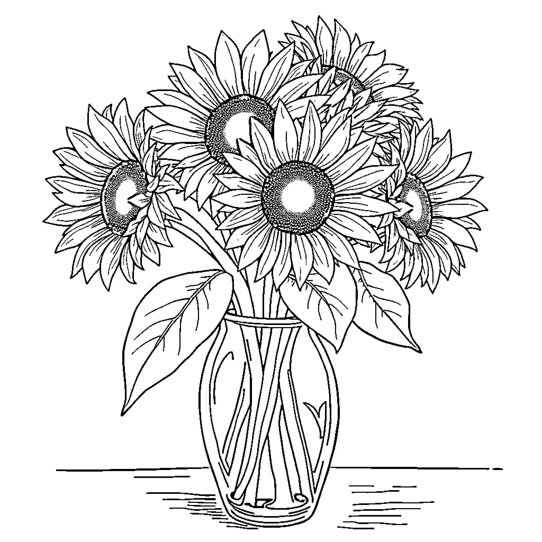 Sunflower bouquet in a vase Coloring Page (free black-and-white line drawing printable PDF for all, from beginners to advanced learners, including children, teens, adults, and seniors)