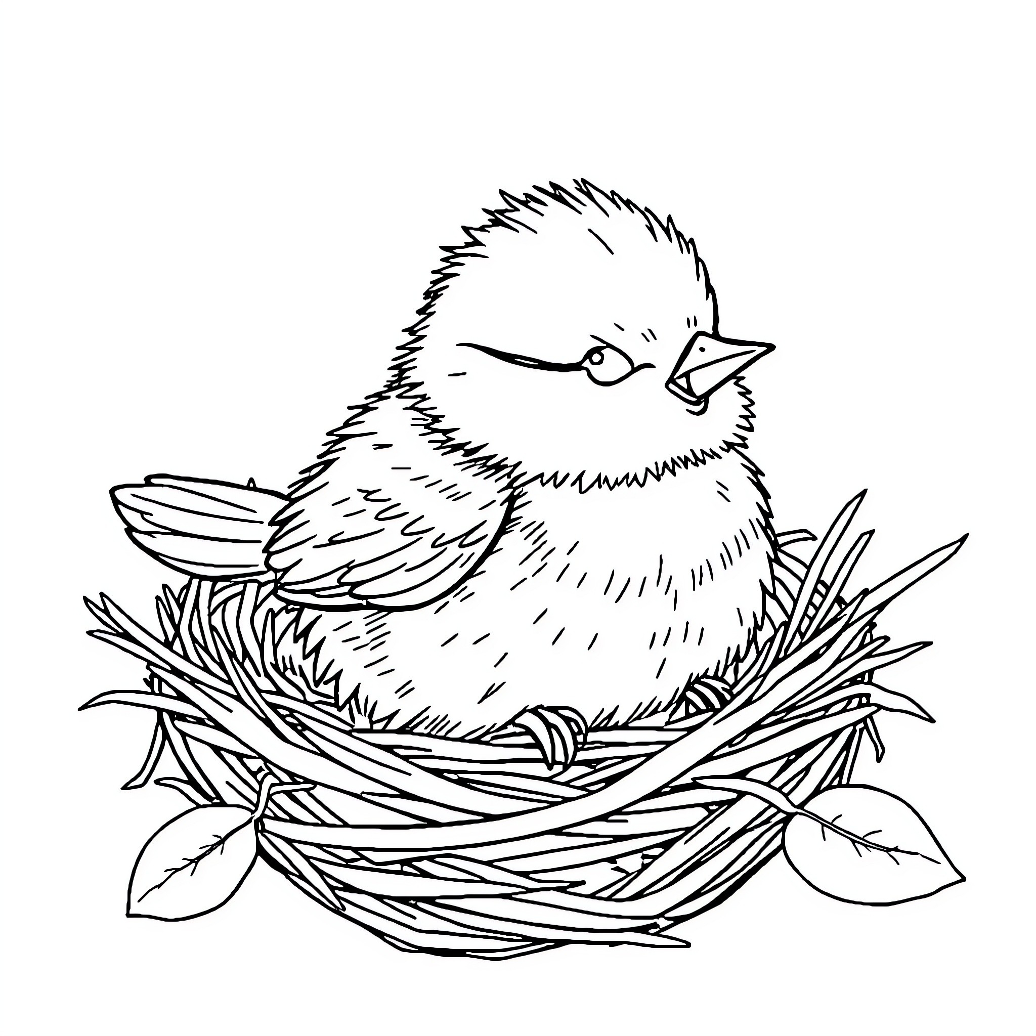 Bird sitting in a nest with twigs Coloring Page (free black-and-white line drawing printable PDF for all, from beginners to advanced learners, including children, teens, adults, and seniors)