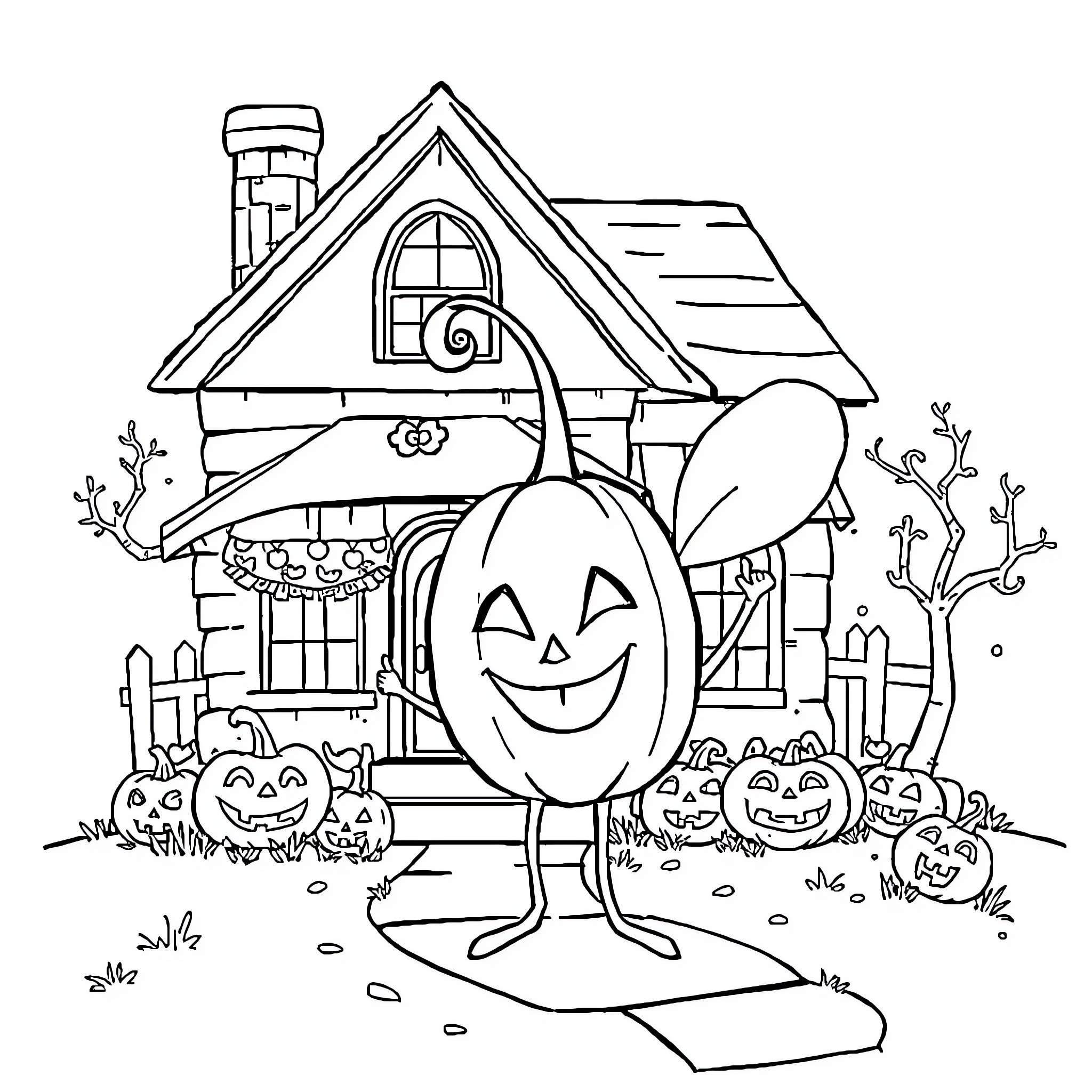 Pumpkin character stands outside a spooky house Coloring Page (free black-and-white line drawing printable PDF for all, from beginners to advanced learners, including children, teens, adults, and seniors)