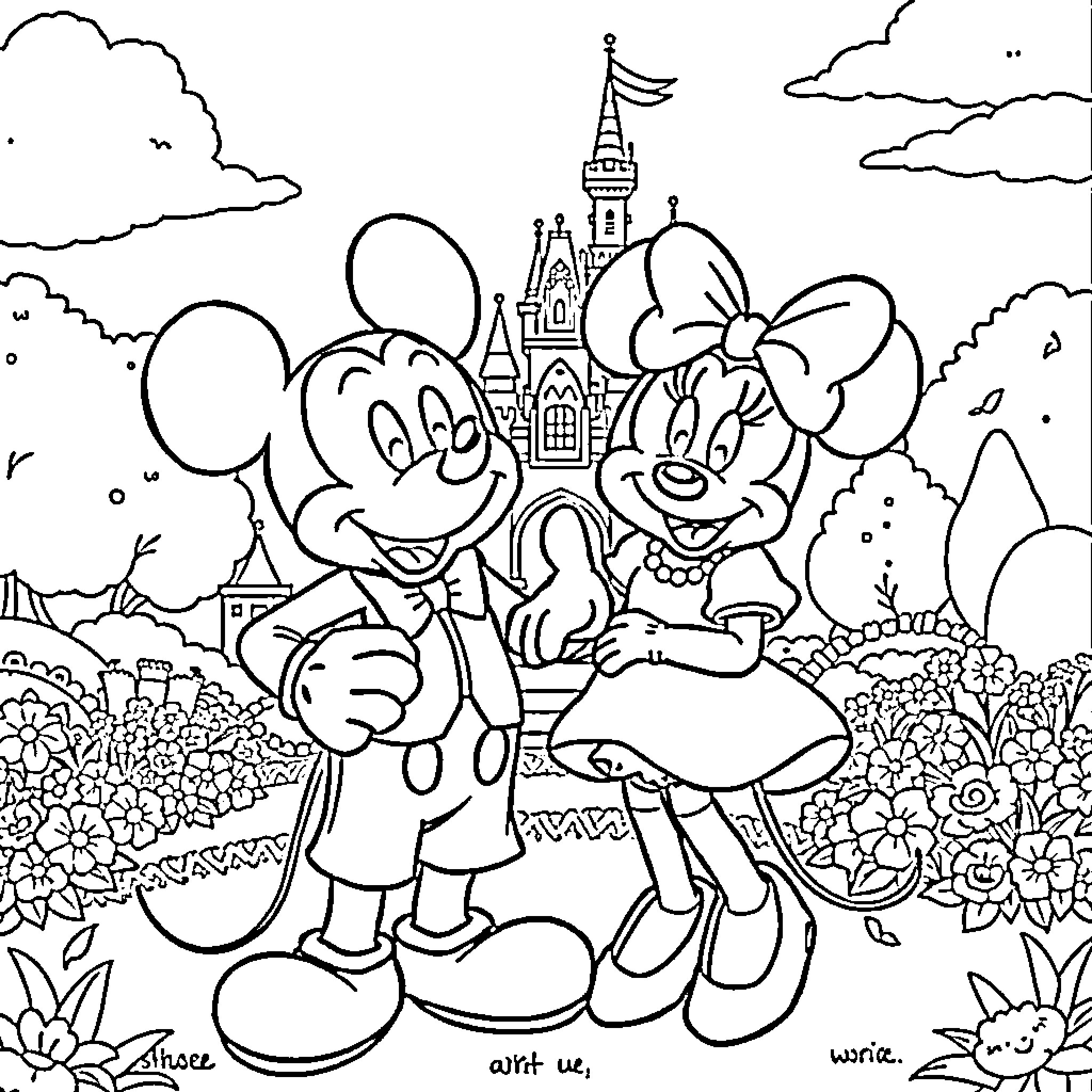 Mickey and Minnie exploring the Disney castle Coloring Page (free black-and-white line drawing printable PDF for all, from beginners to advanced learners, including children, teens, adults, and seniors)
