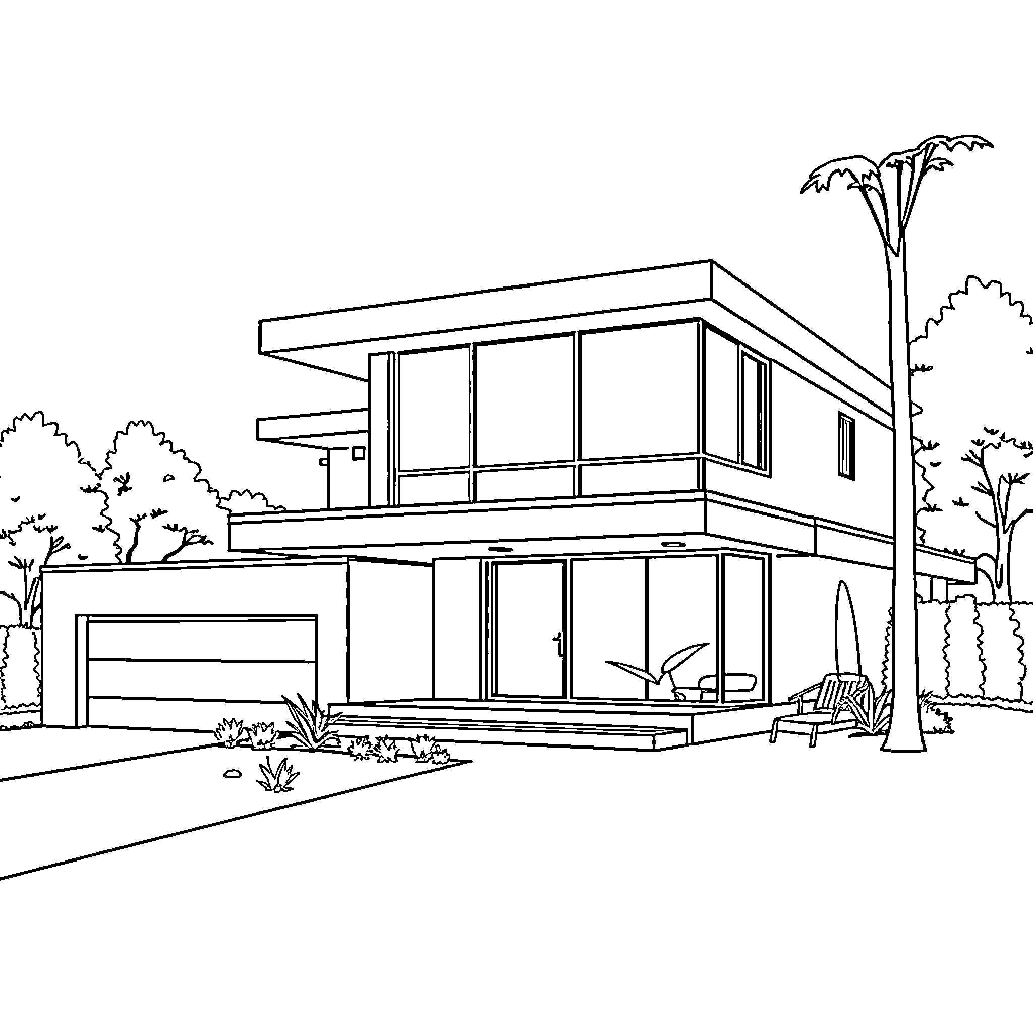 House with modern architectural design Coloring Page (free black-and-white line drawing printable PDF for all, from beginners to advanced learners, including children, teens, adults, and seniors)