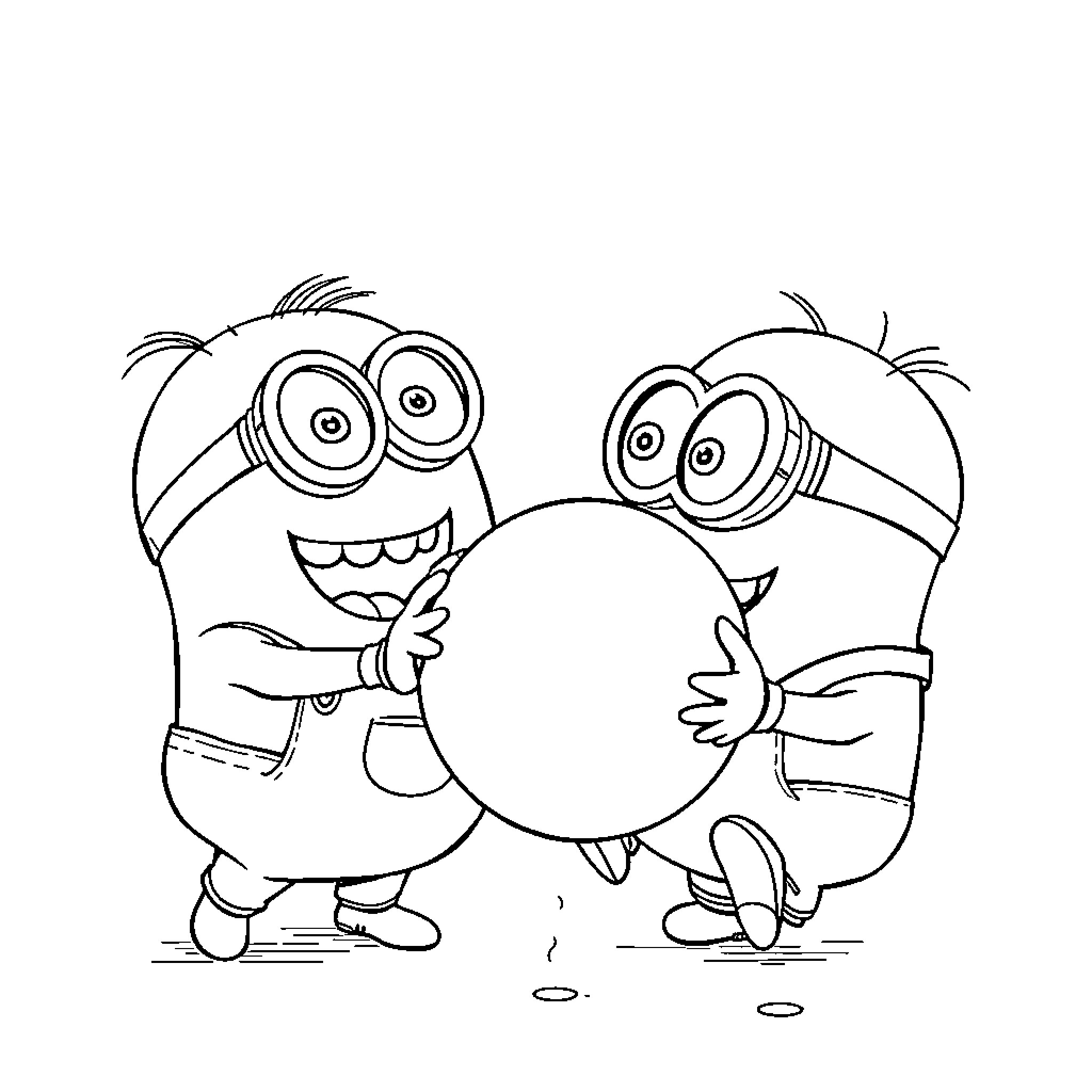 Minions playing with a large egg Coloring Page (free black-and-white line drawing printable PDF for all, from beginners to advanced learners, including children, teens, adults, and seniors)
