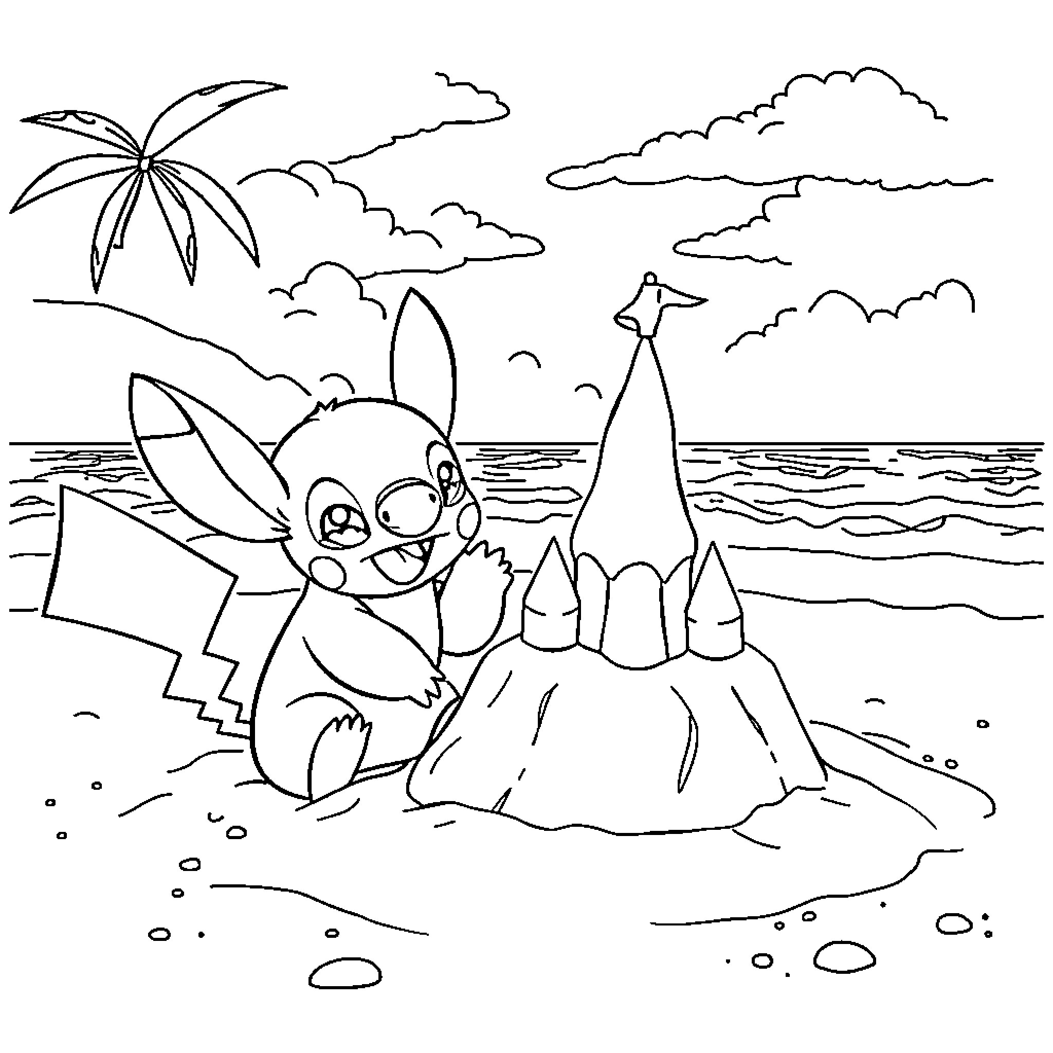 Pikachu enjoying a day at the beach Coloring Page (free black-and-white line drawing printable PDF for all, from beginners to advanced learners, including children, teens, adults, and seniors)