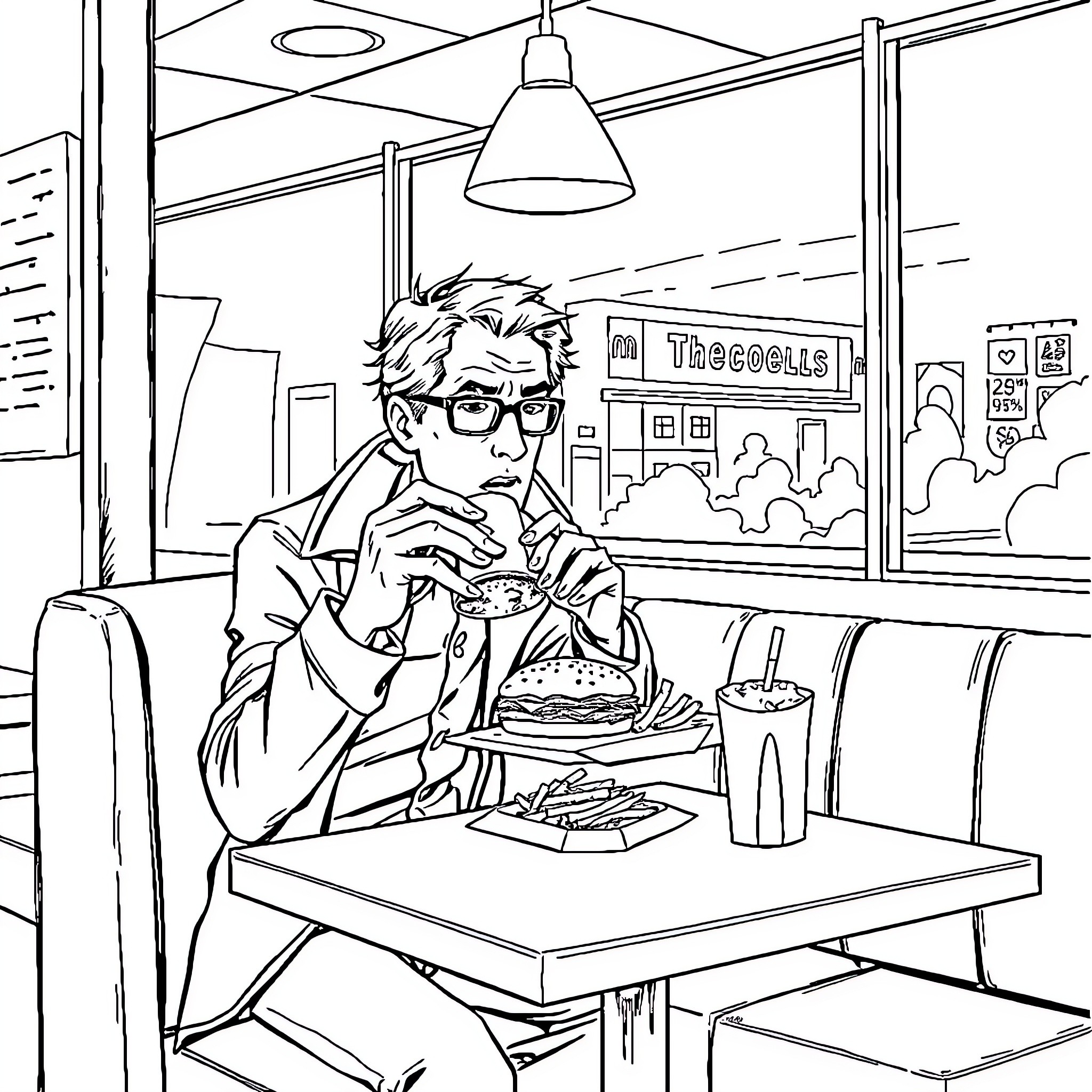 Harry Dresden enjoys a casual meal in a diner Coloring Page (free black-and-white line drawing printable PDF for all, from beginners to advanced learners, including children, teens, adults, and seniors)