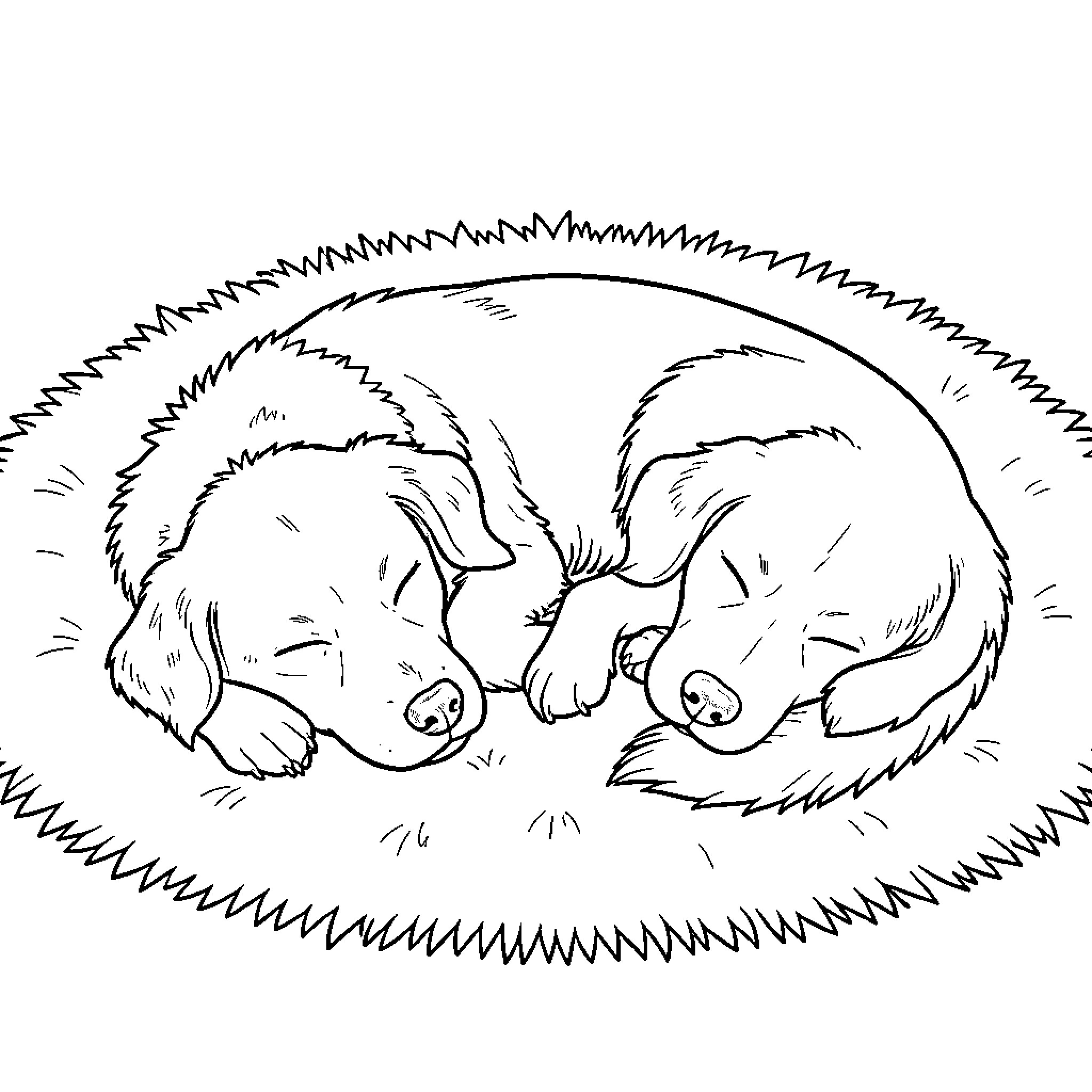 Dogs cuddling peacefully in the grass Coloring Page (free black-and-white line drawing printable PDF for all, from beginners to advanced learners, including children, teens, adults, and seniors)