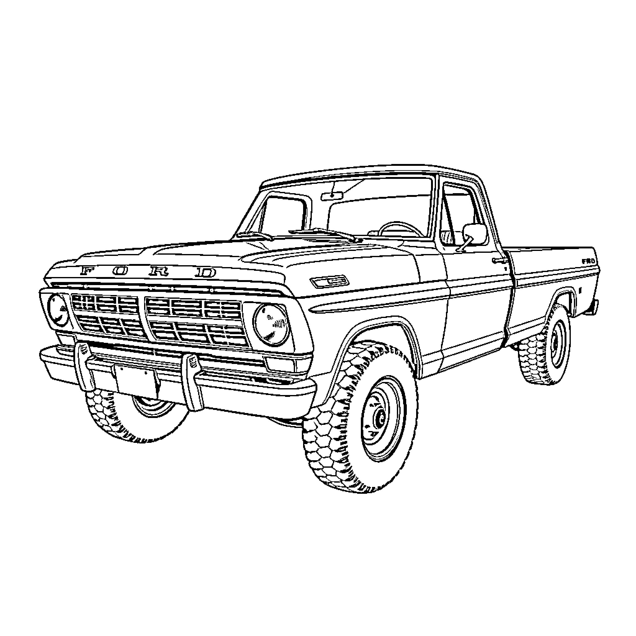 Ford F-100 pickup truck in detailed drawing Coloring Page (free black-and-white line drawing printable PDF for all, from beginners to advanced learners, including children, teens, adults, and seniors)