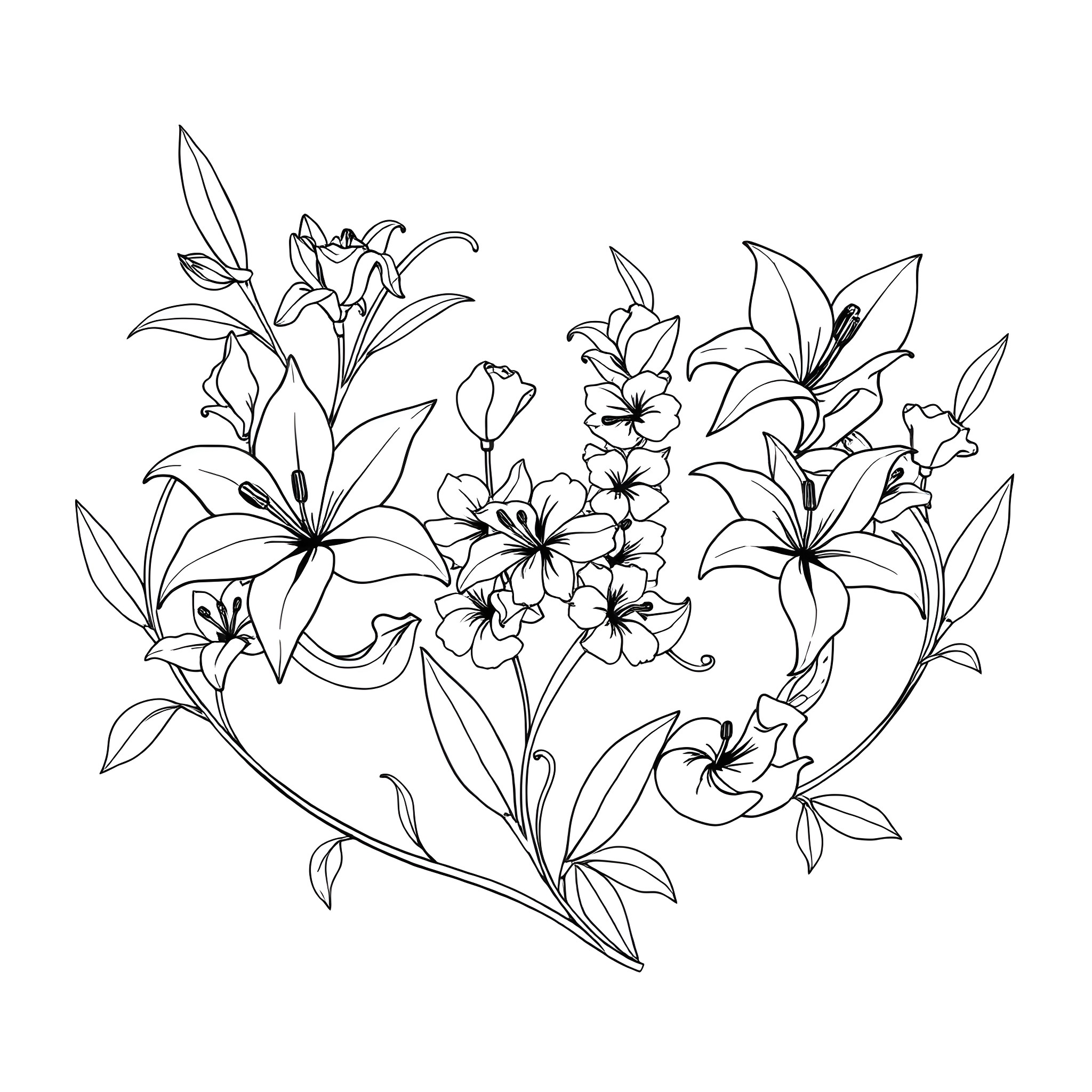 Lily's Blooming Garden Coloring Page (free black-and-white line drawing printable PDF for all, from beginners to advanced learners, including children, teens, adults, and seniors)