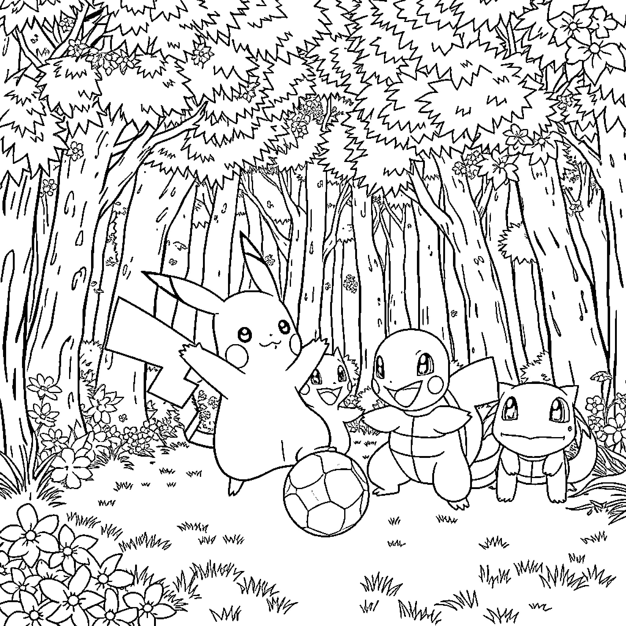 Pokémon characters playing in a forest scene Coloring Page (free black-and-white line drawing printable PDF for all, from beginners to advanced learners, including children, teens, adults, and seniors)