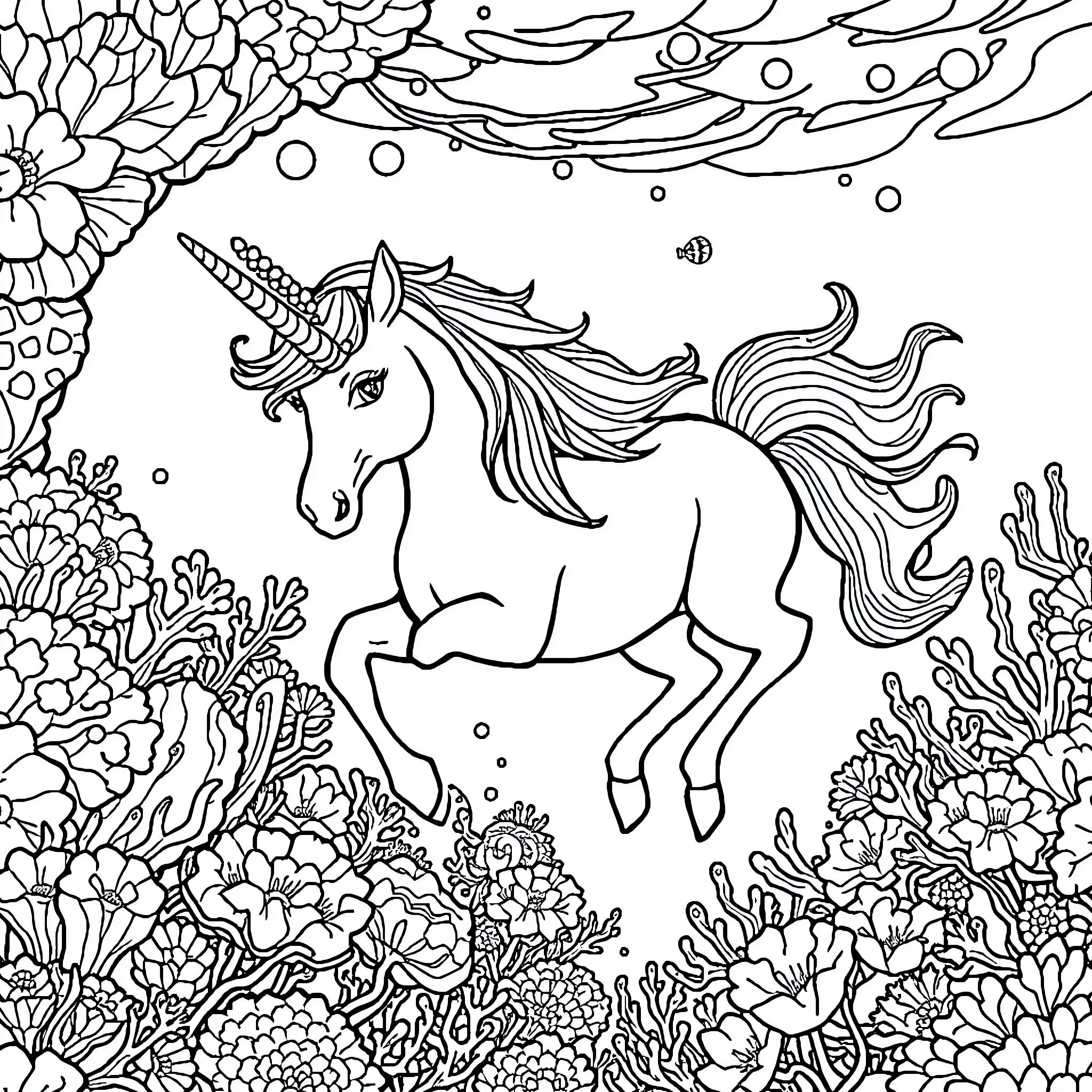 Unicorn Enchanted in a Whimsical Garden Coloring Page (free black-and-white line drawing printable PDF for all, from beginners to advanced learners, including children, teens, adults, and seniors)