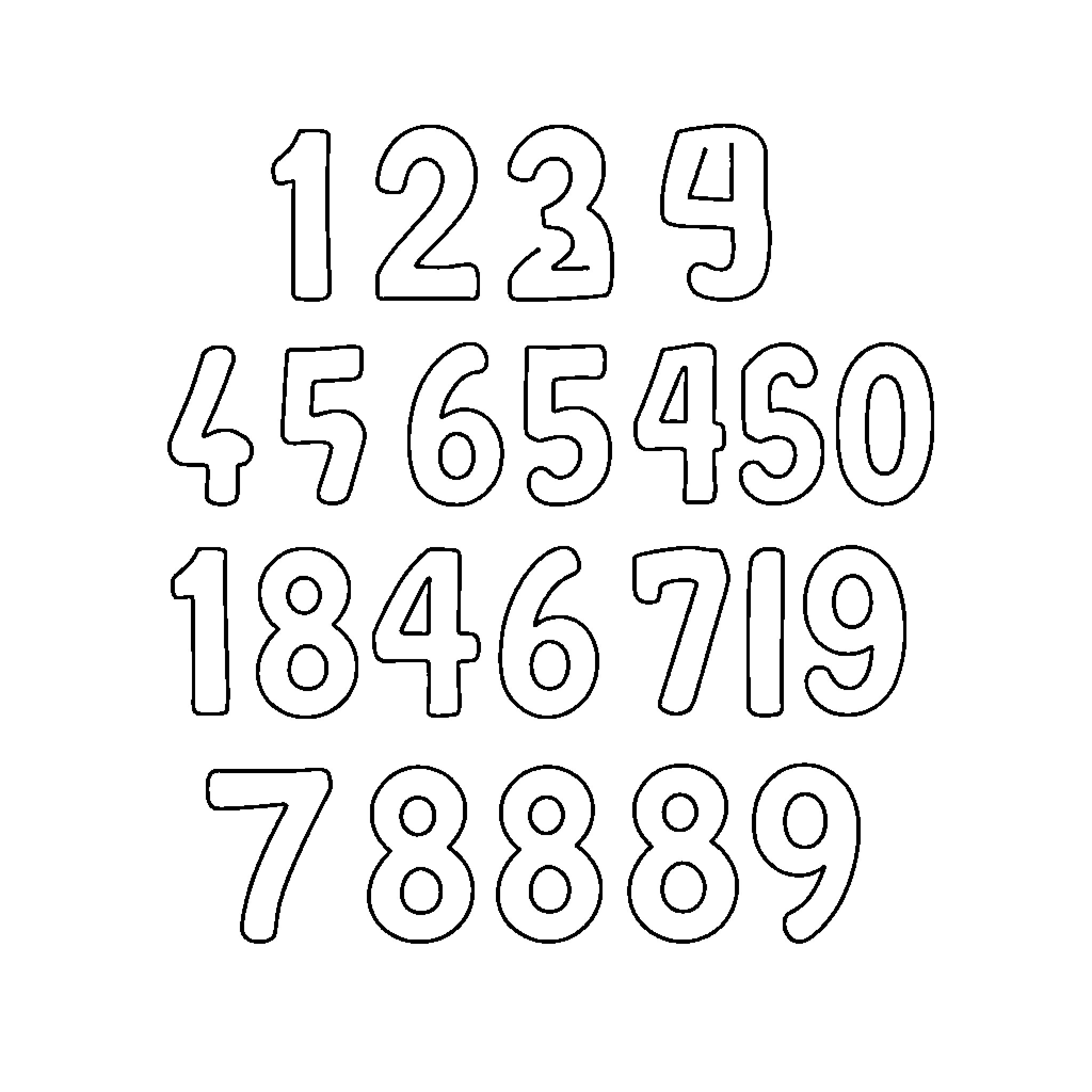 Number Outline of Various Numerical Figures Coloring Page (free black-and-white line drawing printable PDF for all, from beginners to advanced learners, including children, teens, adults, and seniors)