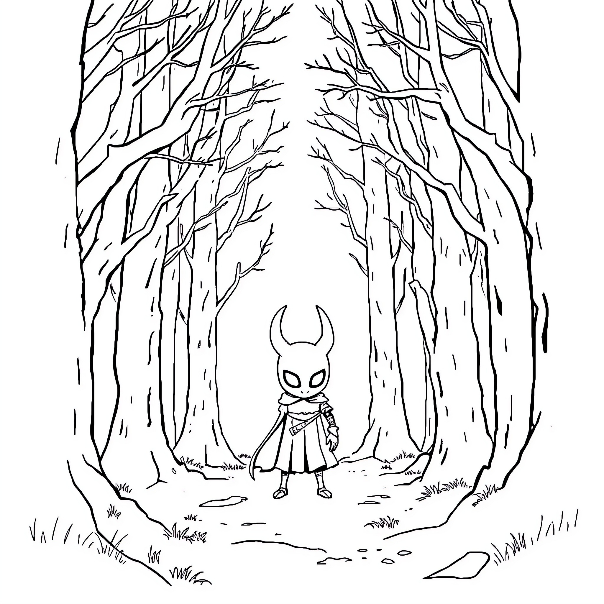 Hollow Knight exploring the eerie forest Coloring Page (free black-and-white line drawing printable PDF for all, from beginners to advanced learners, including children, teens, adults, and seniors)