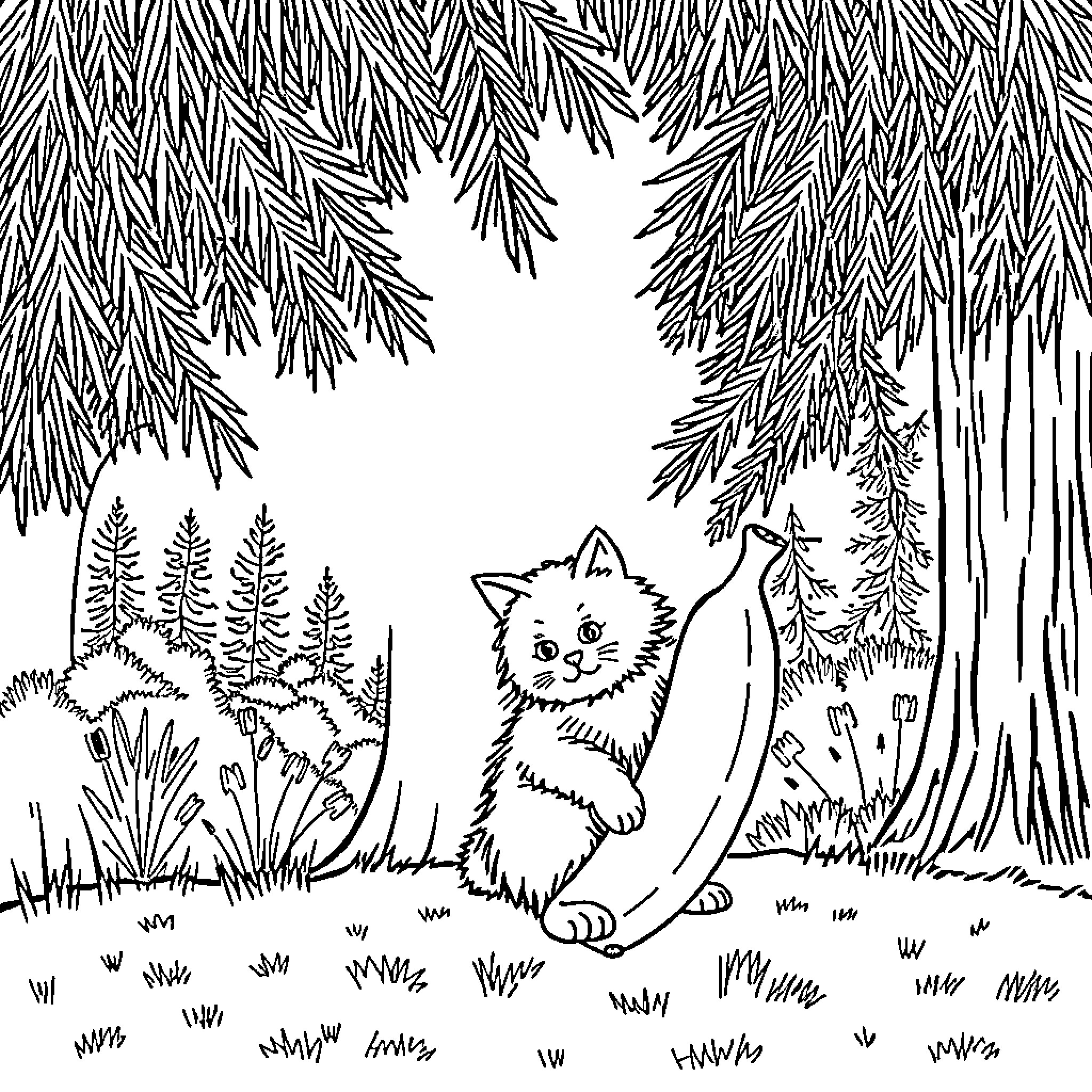 Cat exploring the forest landscape Coloring Page (free black-and-white line drawing printable PDF for all, from beginners to advanced learners, including children, teens, adults, and seniors)