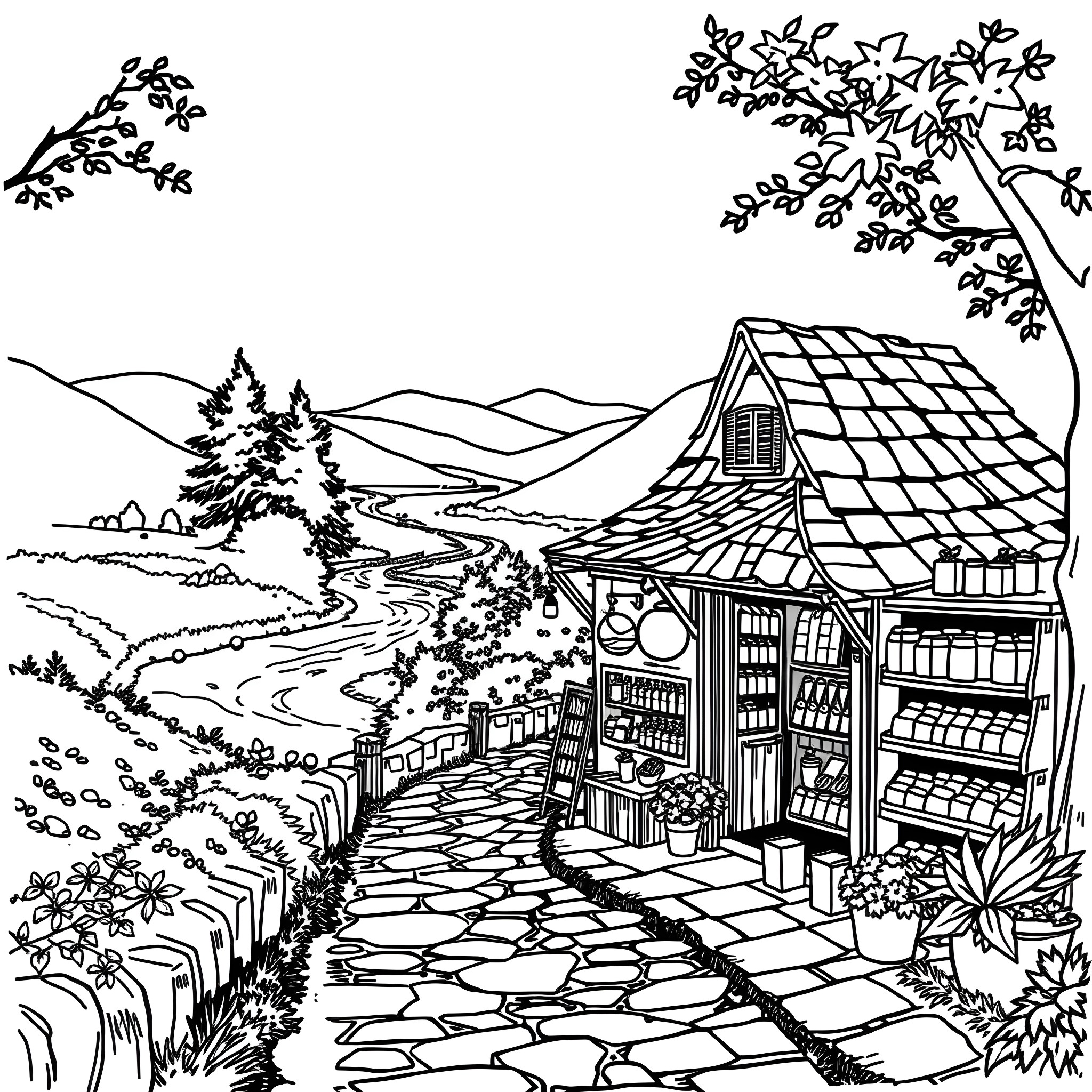 Shop in a Picturesque Countryside Setting Coloring Page (free black-and-white line drawing printable PDF for all, from beginners to advanced learners, including children, teens, adults, and seniors)