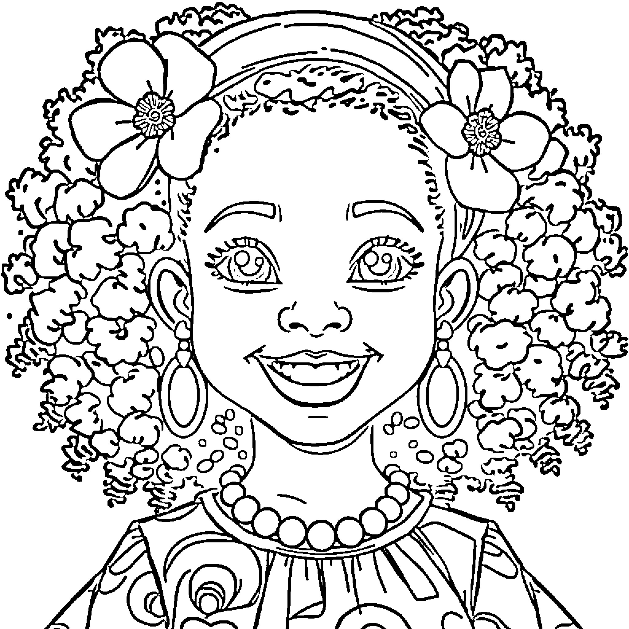 Girl with floral crown and joyful expression Coloring Page (free black-and-white line drawing printable PDF for all, from beginners to advanced learners, including children, teens, adults, and seniors)