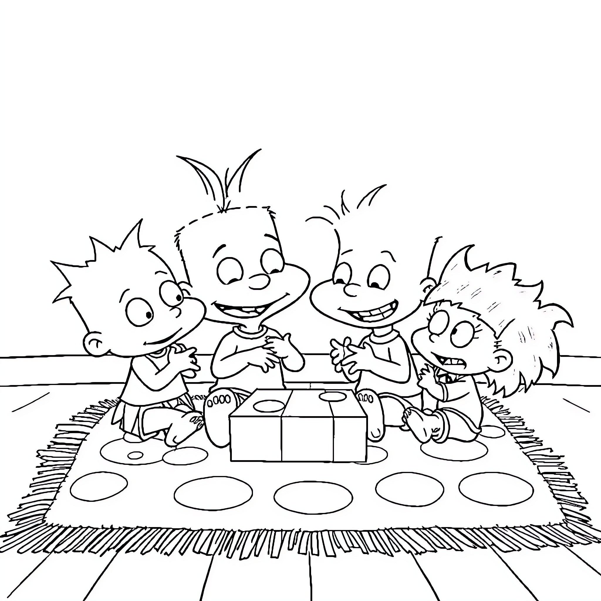 Rugrats having a picnic together Coloring Page (free black-and-white line drawing printable PDF for all, from beginners to advanced learners, including children, teens, adults, and seniors)