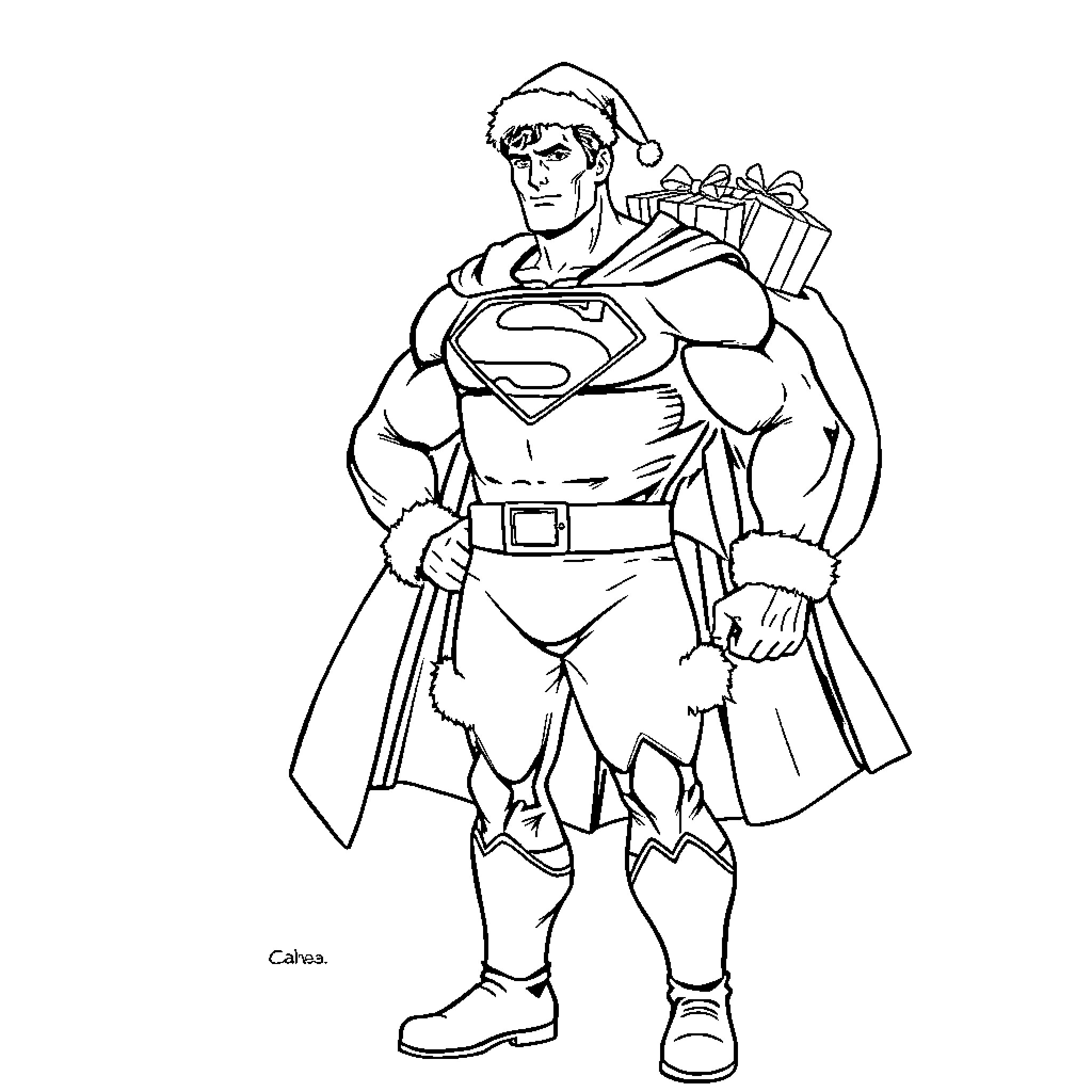 Superman delivers gifts in holiday attire Coloring Page (free black-and-white line drawing printable PDF for all, from beginners to advanced learners, including children, teens, adults, and seniors)