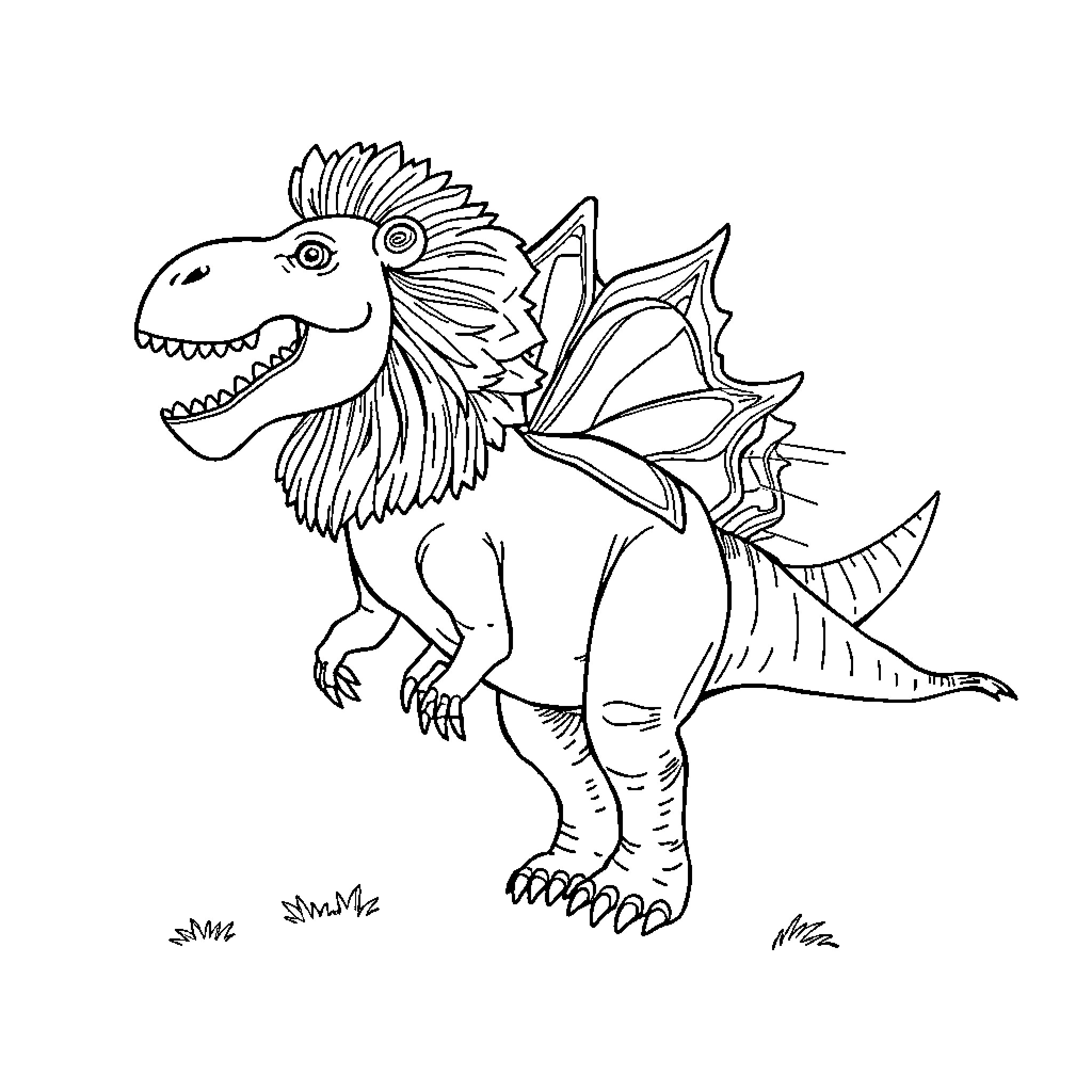Dinosaur with winged creature design Coloring Page (free black-and-white line drawing printable PDF for all, from beginners to advanced learners, including children, teens, adults, and seniors)