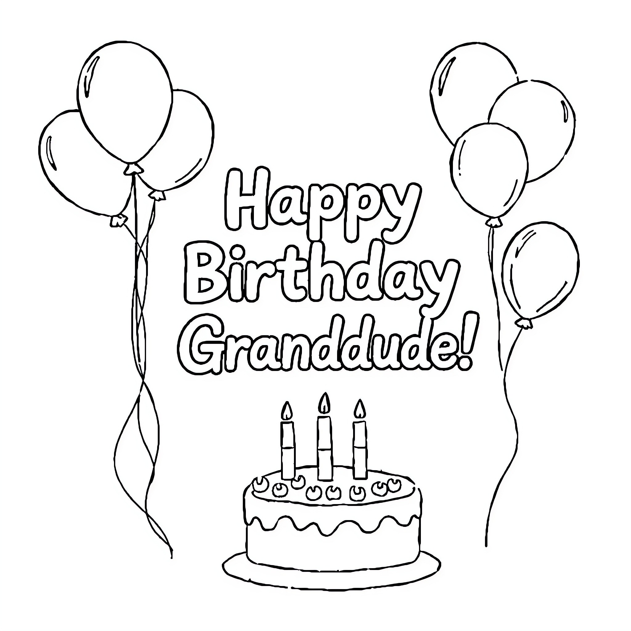 Birthday celebration with balloons and cake Coloring Page (free black-and-white line drawing printable PDF for all, from beginners to advanced learners, including children, teens, adults, and seniors)