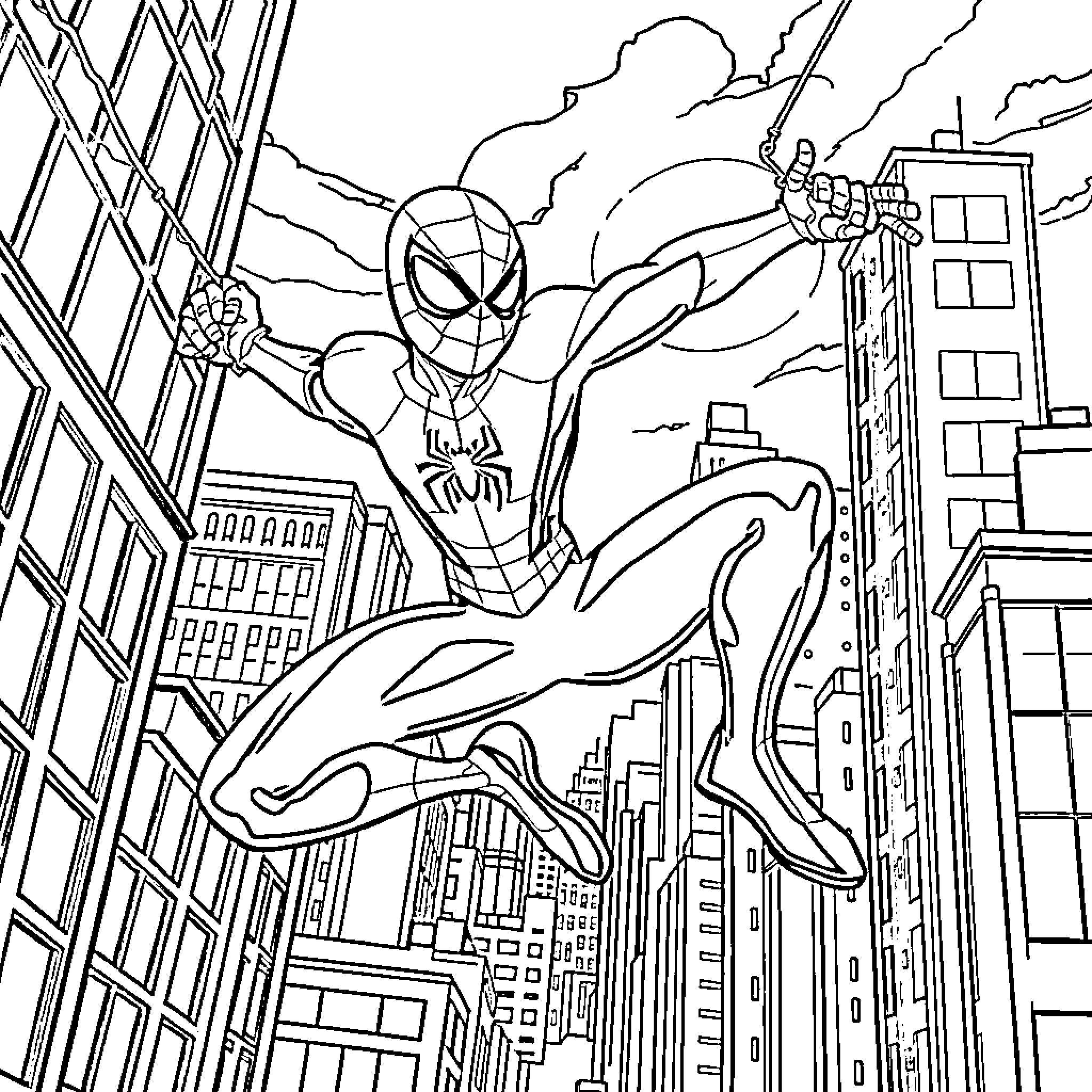 Spider-Man swinging through the city Coloring Page (free black-and-white line drawing printable PDF for all, from beginners to advanced learners, including children, teens, adults, and seniors)
