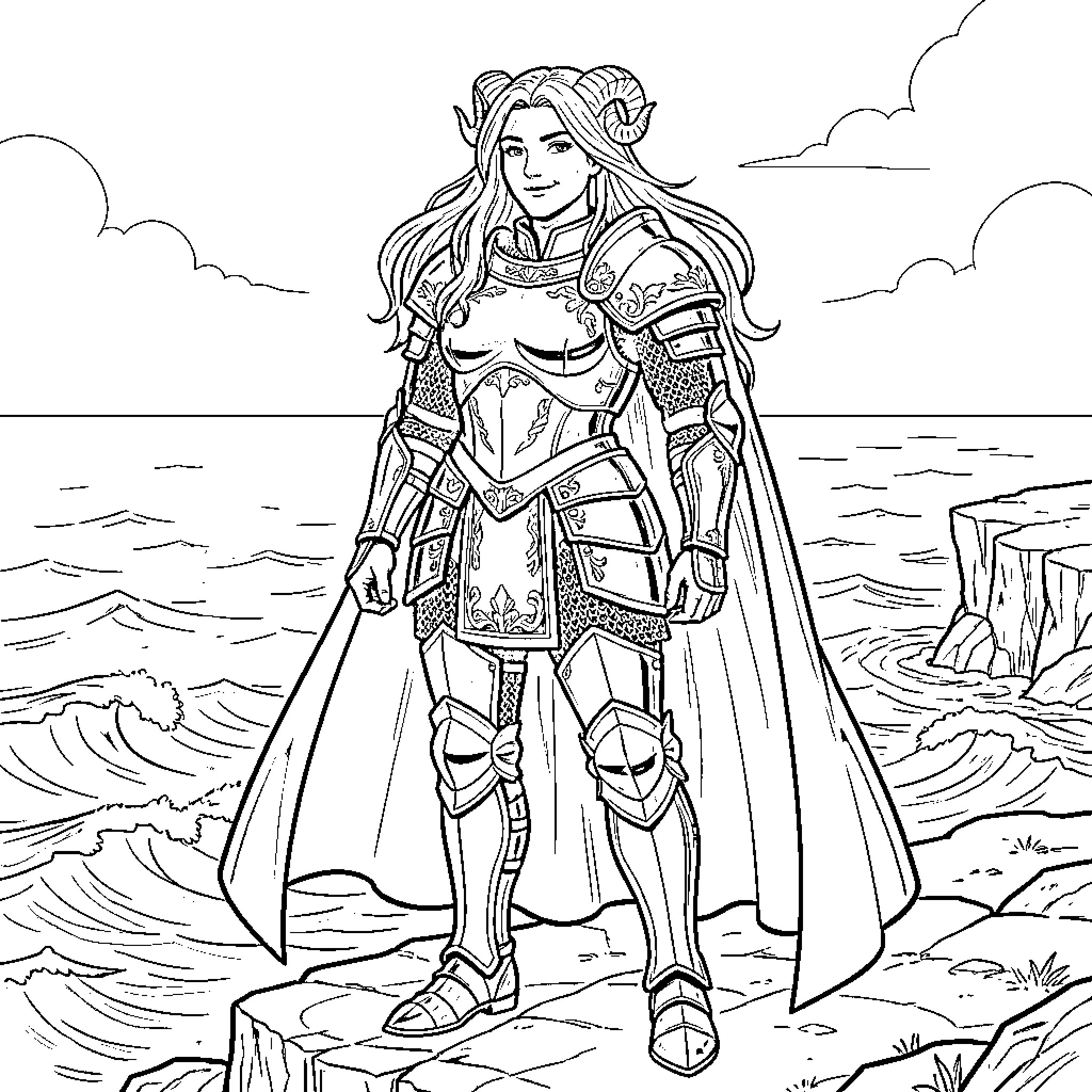 Warrior in ornate armor standing by the ocean Coloring Page (free black-and-white line drawing printable PDF for all, from beginners to advanced learners, including children, teens, adults, and seniors)