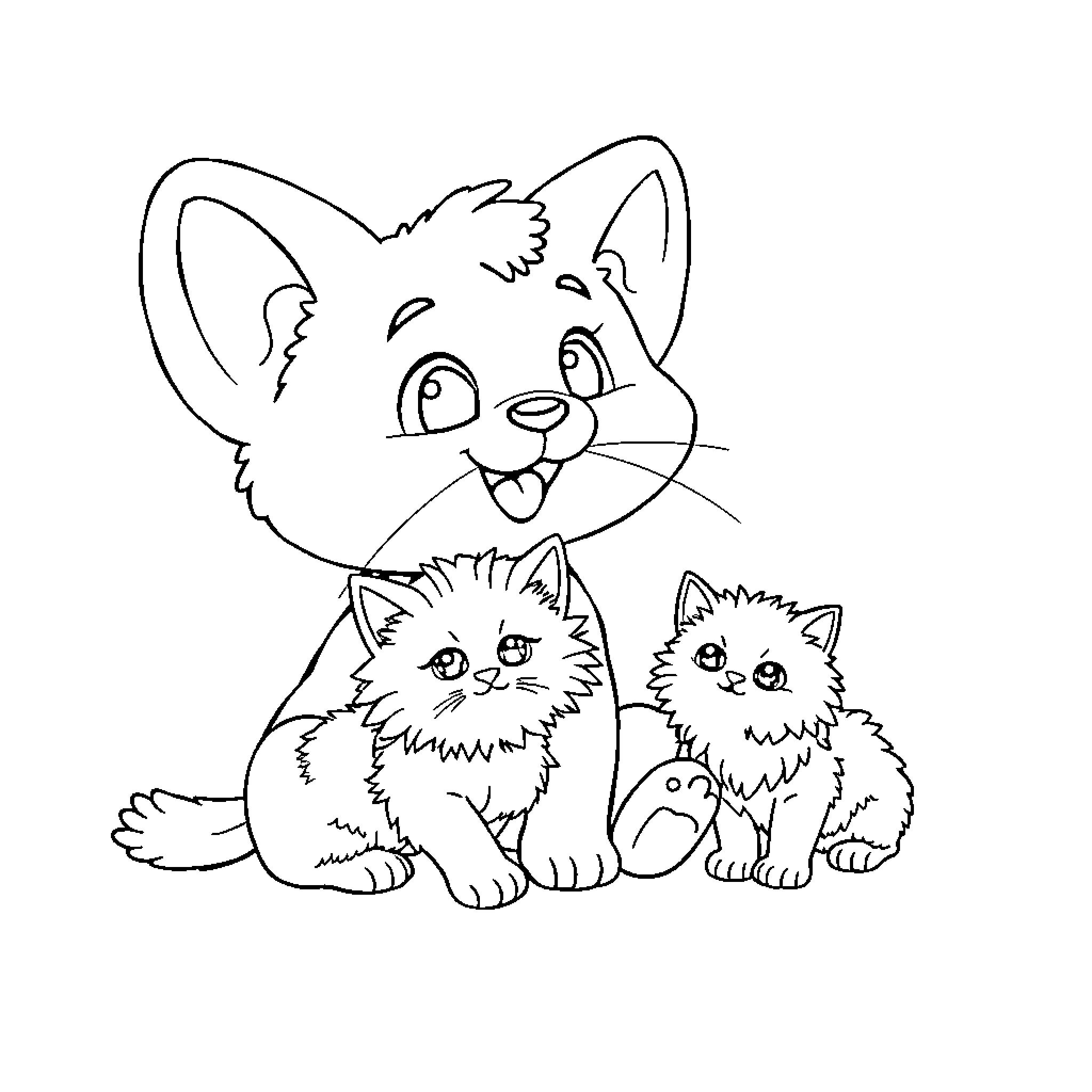 Labubu's Playful Kittens Coloring Page (free black-and-white line drawing printable PDF for all, from beginners to advanced learners, including children, teens, adults, and seniors)