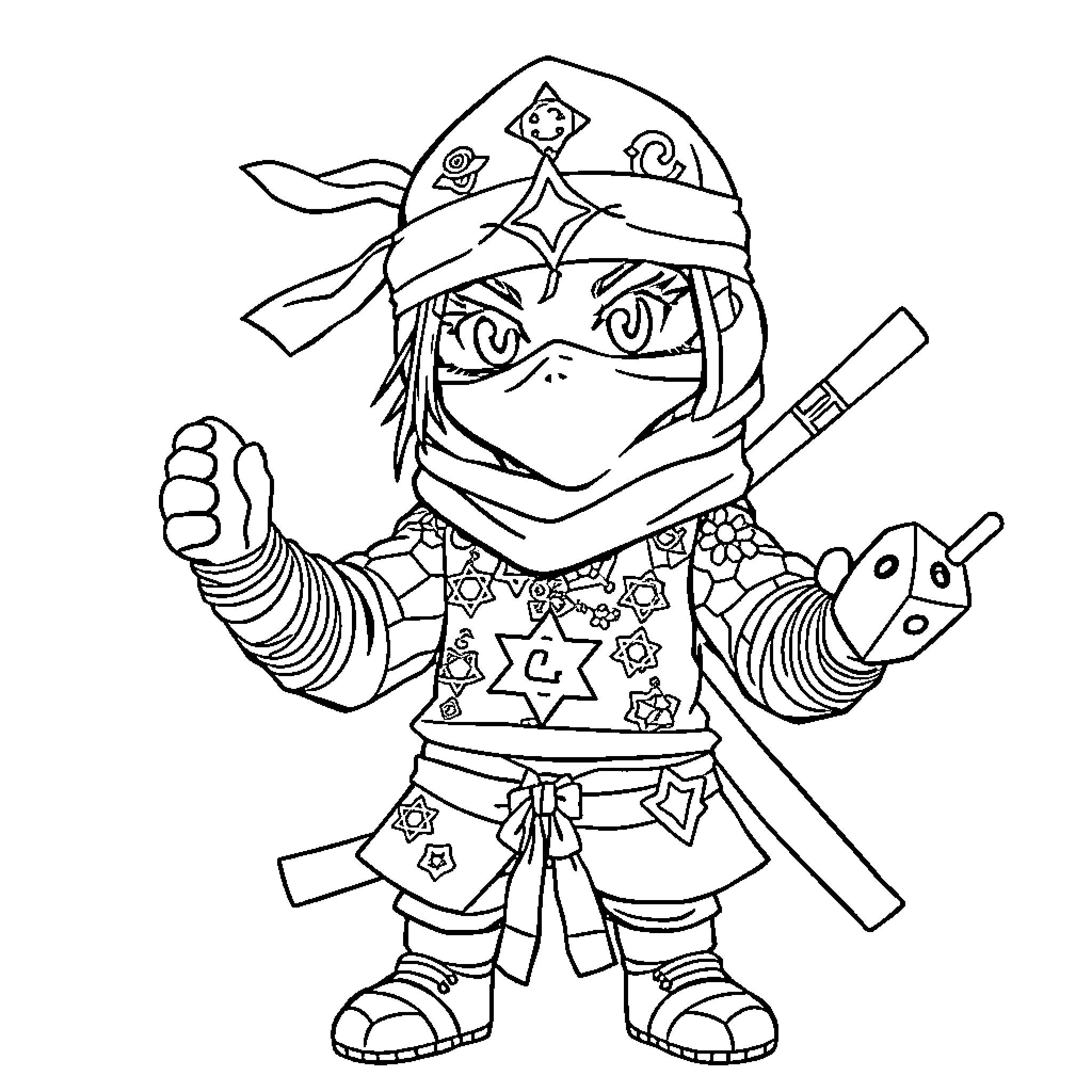 Ninja Warrior in Heroic Pose with Weapons Coloring Page (free black-and-white line drawing printable PDF for all, from beginners to advanced learners, including children, teens, adults, and seniors)