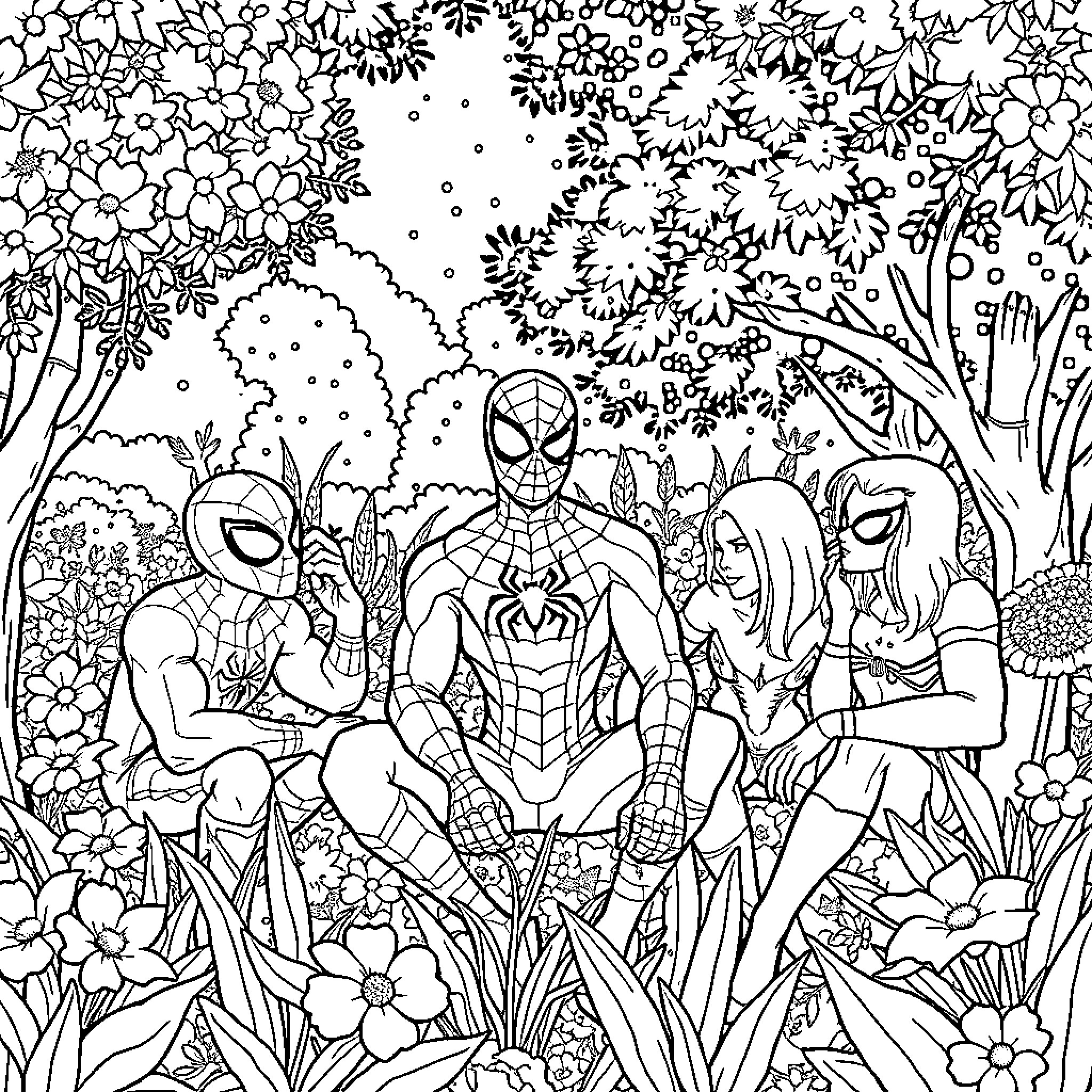 Spider-Heroes in a Floral Wonderland Coloring Page (free black-and-white line drawing printable PDF for all, from beginners to advanced learners, including children, teens, adults, and seniors)
