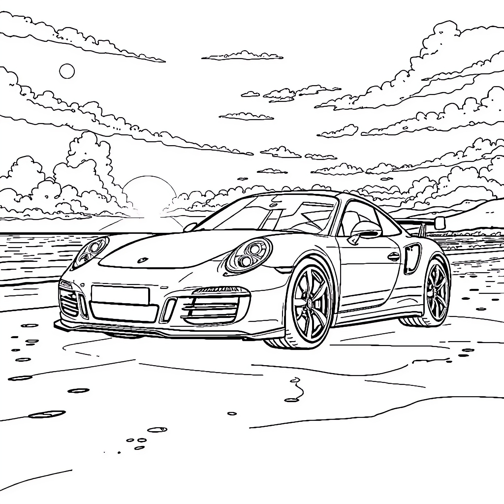 Porsche sports car on the beach Coloring Page (free black-and-white line drawing printable PDF for all, from beginners to advanced learners, including children, teens, adults, and seniors)