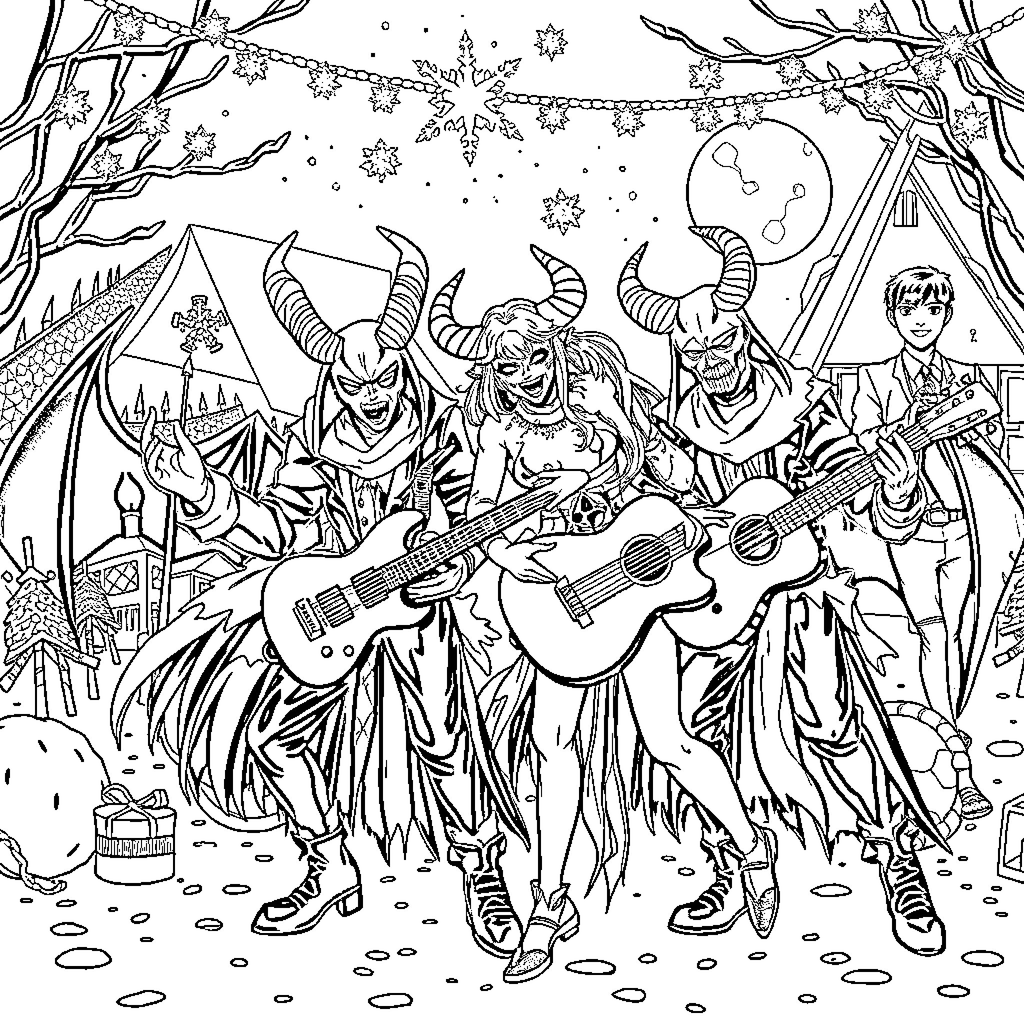 K-POP Demon Hunter Band Performing in the Wilderness Coloring Page (free black-and-white line drawing printable PDF for all, from beginners to advanced learners, including children, teens, adults, and seniors)