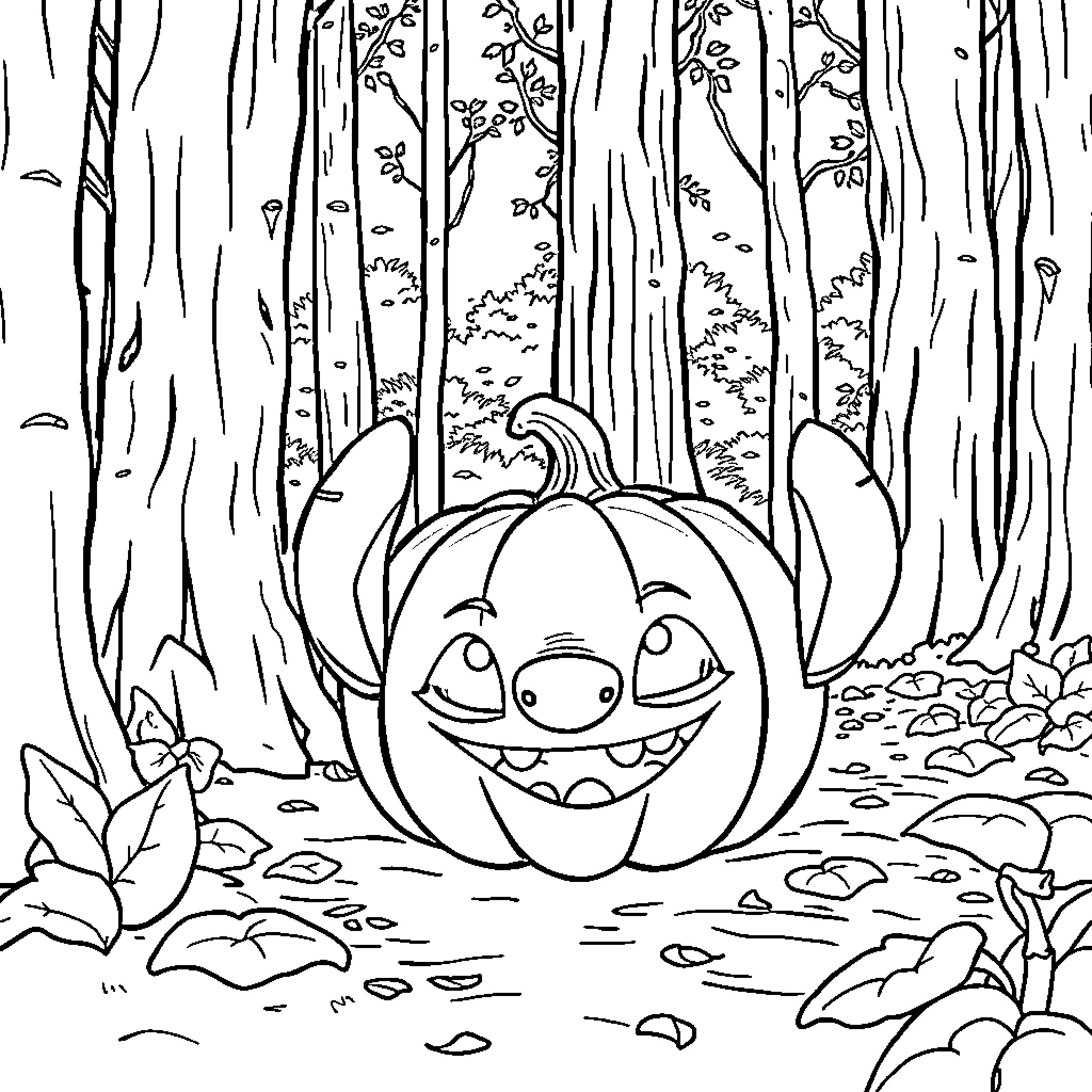 Pumpkin Smiling Cheerfully in the Enchanted Forest Coloring Page (free black-and-white line drawing printable PDF for all, from beginners to advanced learners, including children, teens, adults, and seniors)