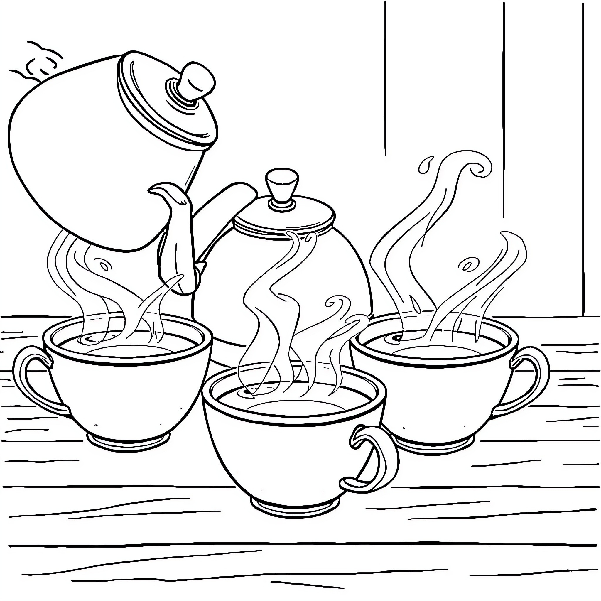 Tea time with whimsical teapot and cups Coloring Page (free black-and-white line drawing printable PDF for all, from beginners to advanced learners, including children, teens, adults, and seniors)