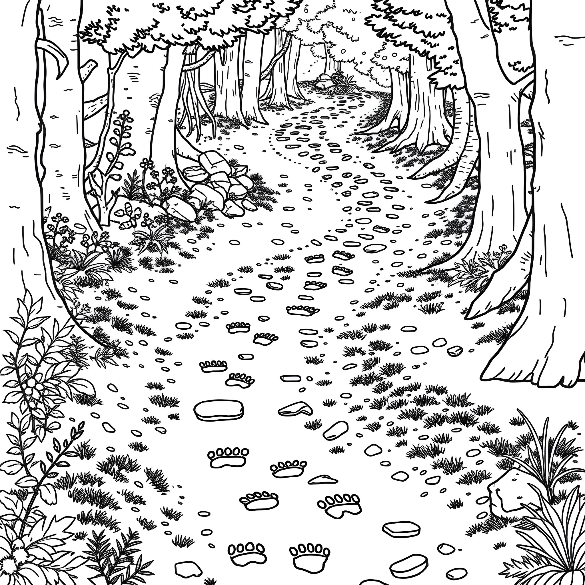 Animal Footprint in the Enchanting Forest Coloring Page (free black-and-white line drawing printable PDF for all, from beginners to advanced learners, including children, teens, adults, and seniors)