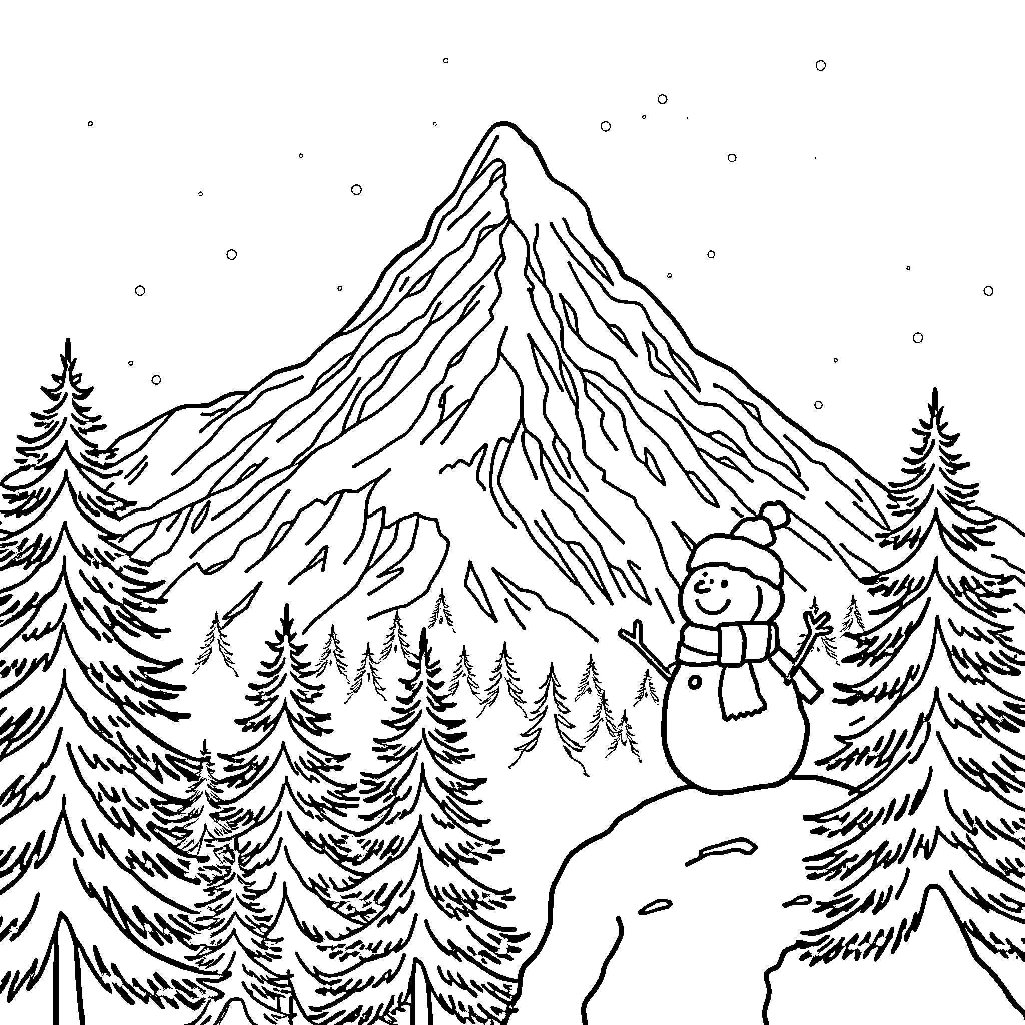 Mountain scene with snowman and snowy pine trees Coloring Page (free black-and-white line drawing printable PDF for all, from beginners to advanced learners, including children, teens, adults, and seniors)