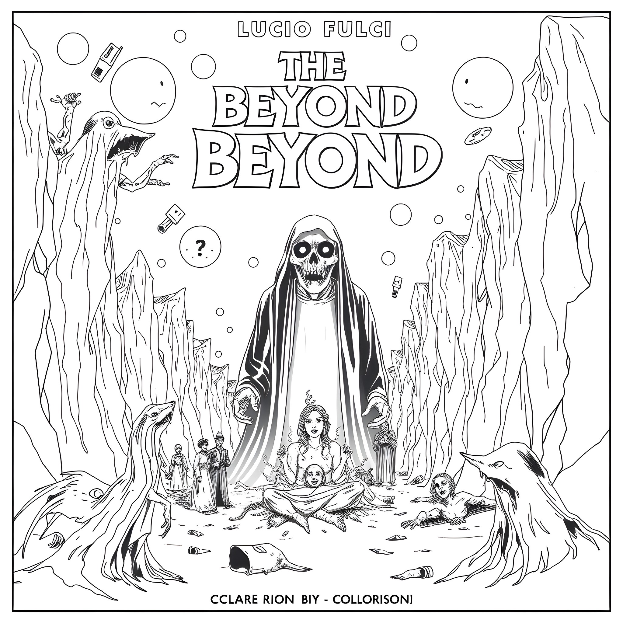 Lucio Fulci's The Beyond: Eerie and Supernatural Scene Coloring Page (free black-and-white line drawing printable PDF for all, from beginners to advanced learners, including children, teens, adults, and seniors)