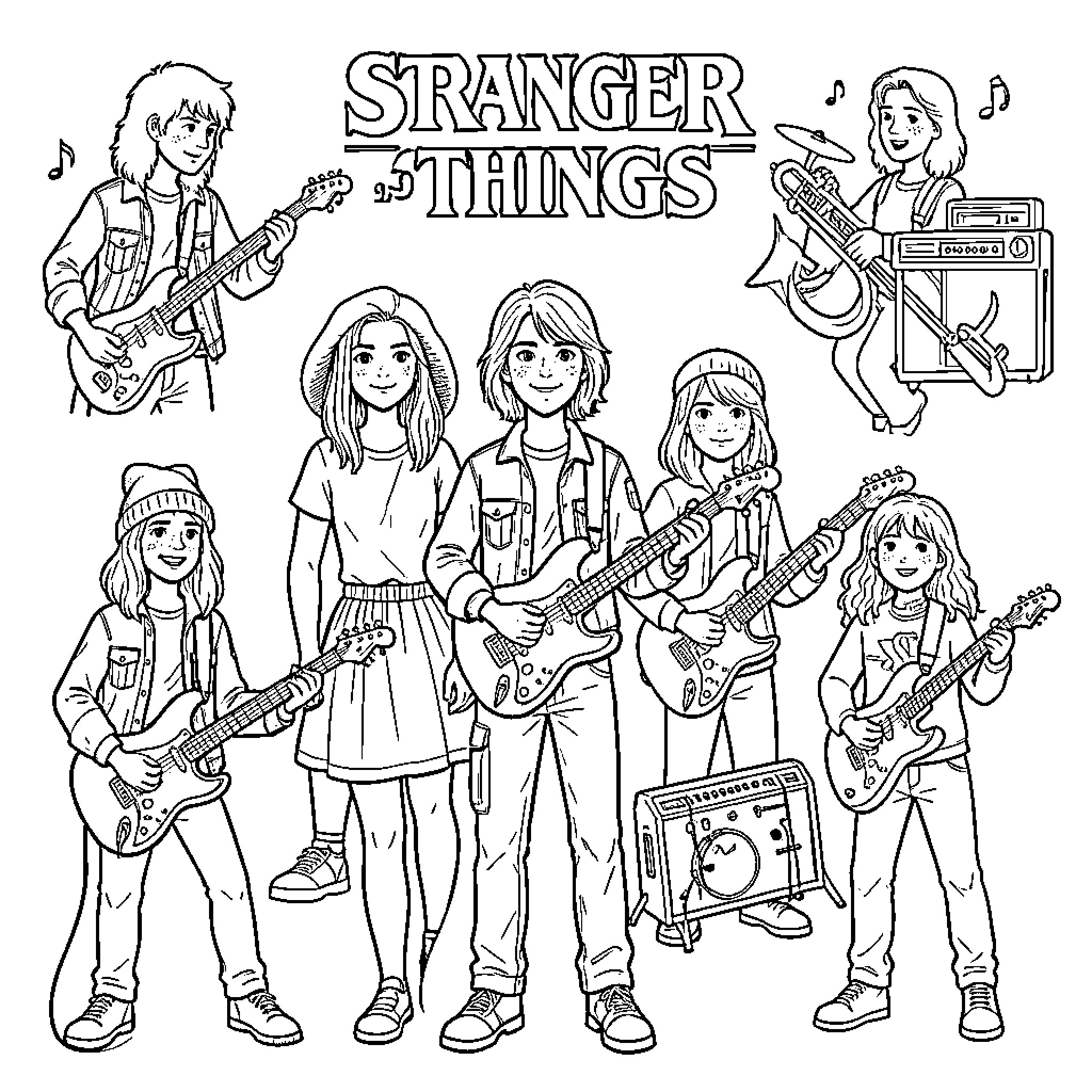 Stranger Things characters playing musical instruments together Coloring Page (free black-and-white line drawing printable PDF for all, from beginners to advanced learners, including children, teens, adults, and seniors)