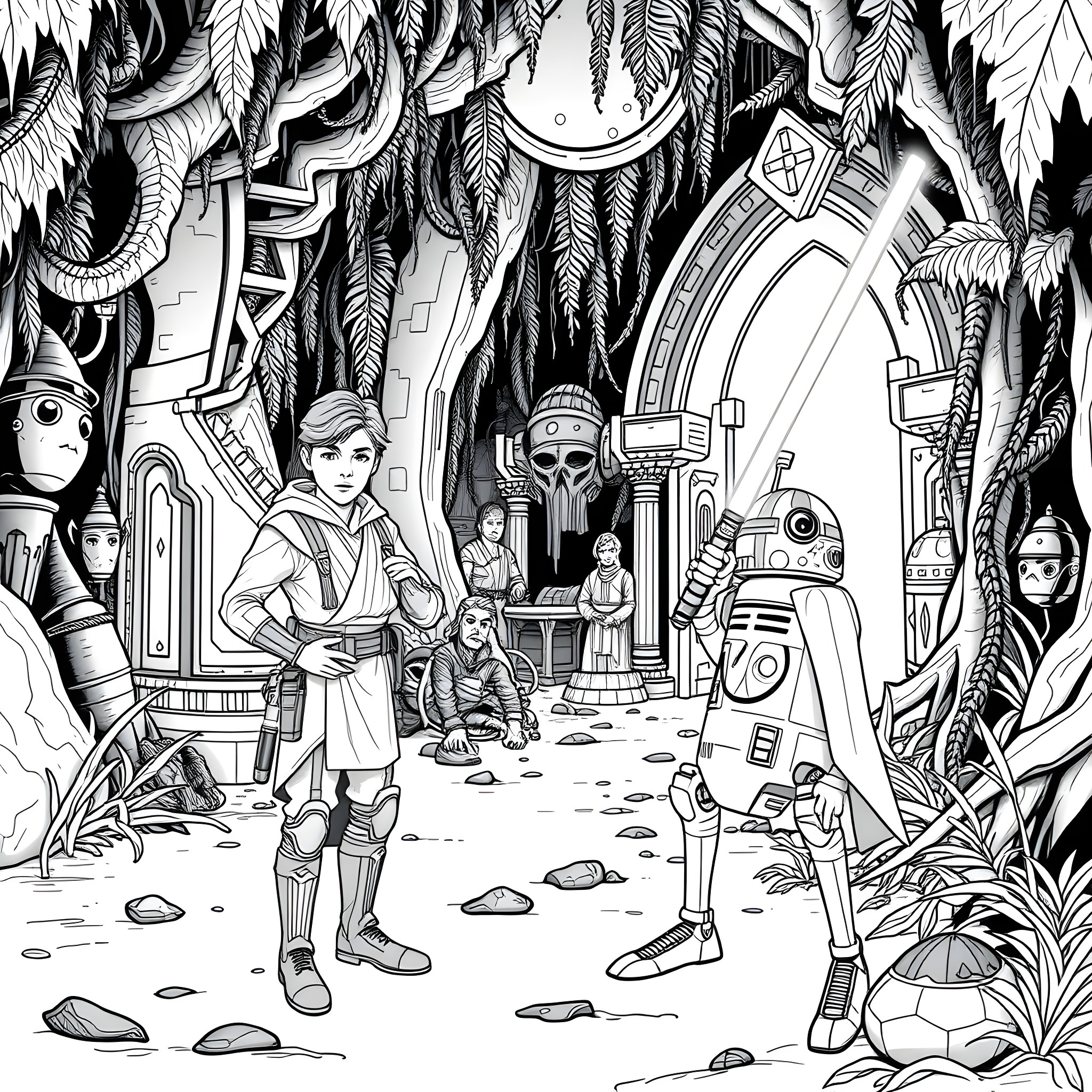 Cal Kestis exploring the mysterious ruins with companions Coloring Page (free black-and-white line drawing printable PDF for all, from beginners to advanced learners, including children, teens, adults, and seniors)